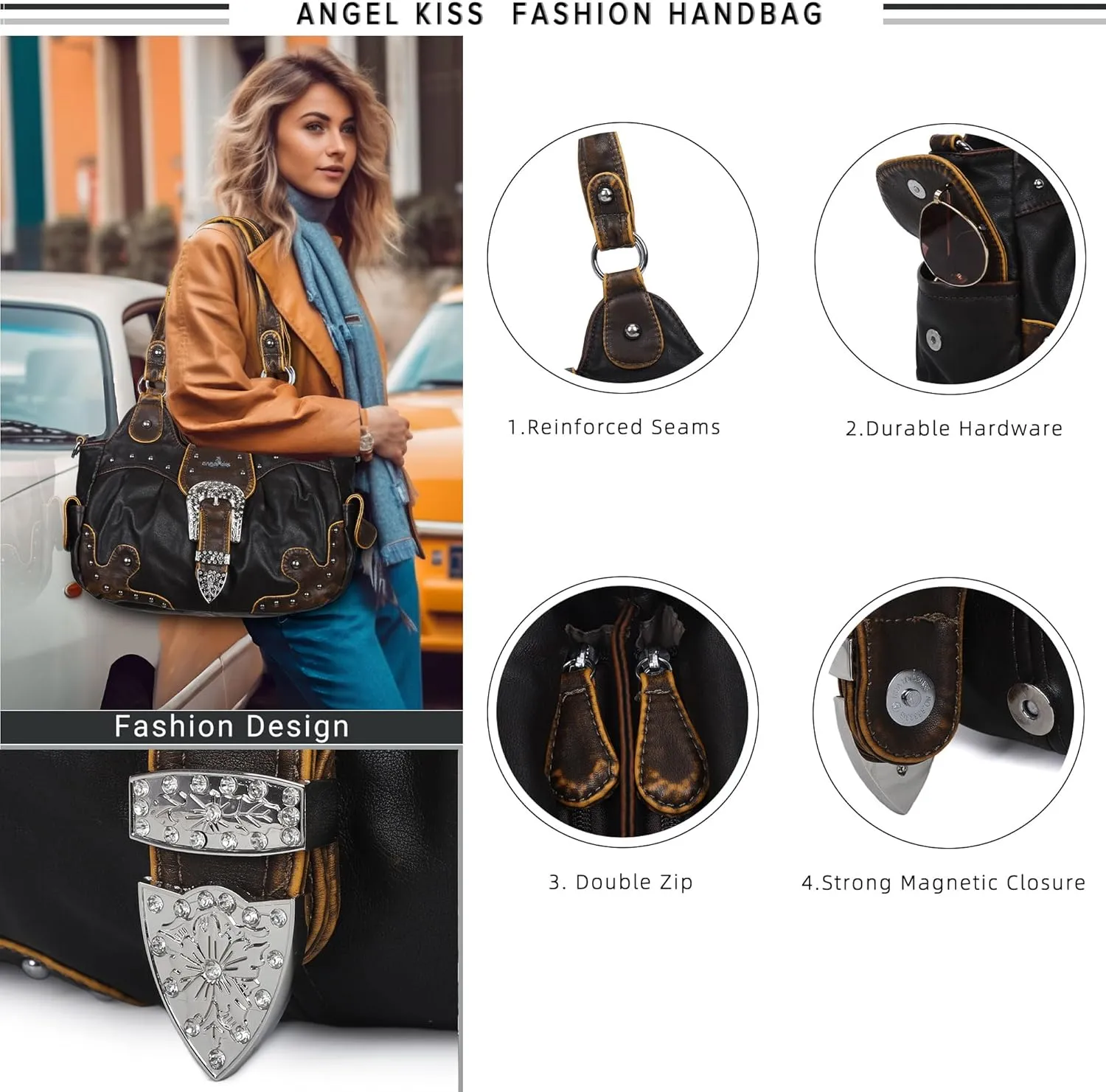 Angel Kiss Hobo Bags for Women Vegan Leather Purses and Handbags Ladies Chic Shoulder Bags Crossbody Purses with Metal Studs