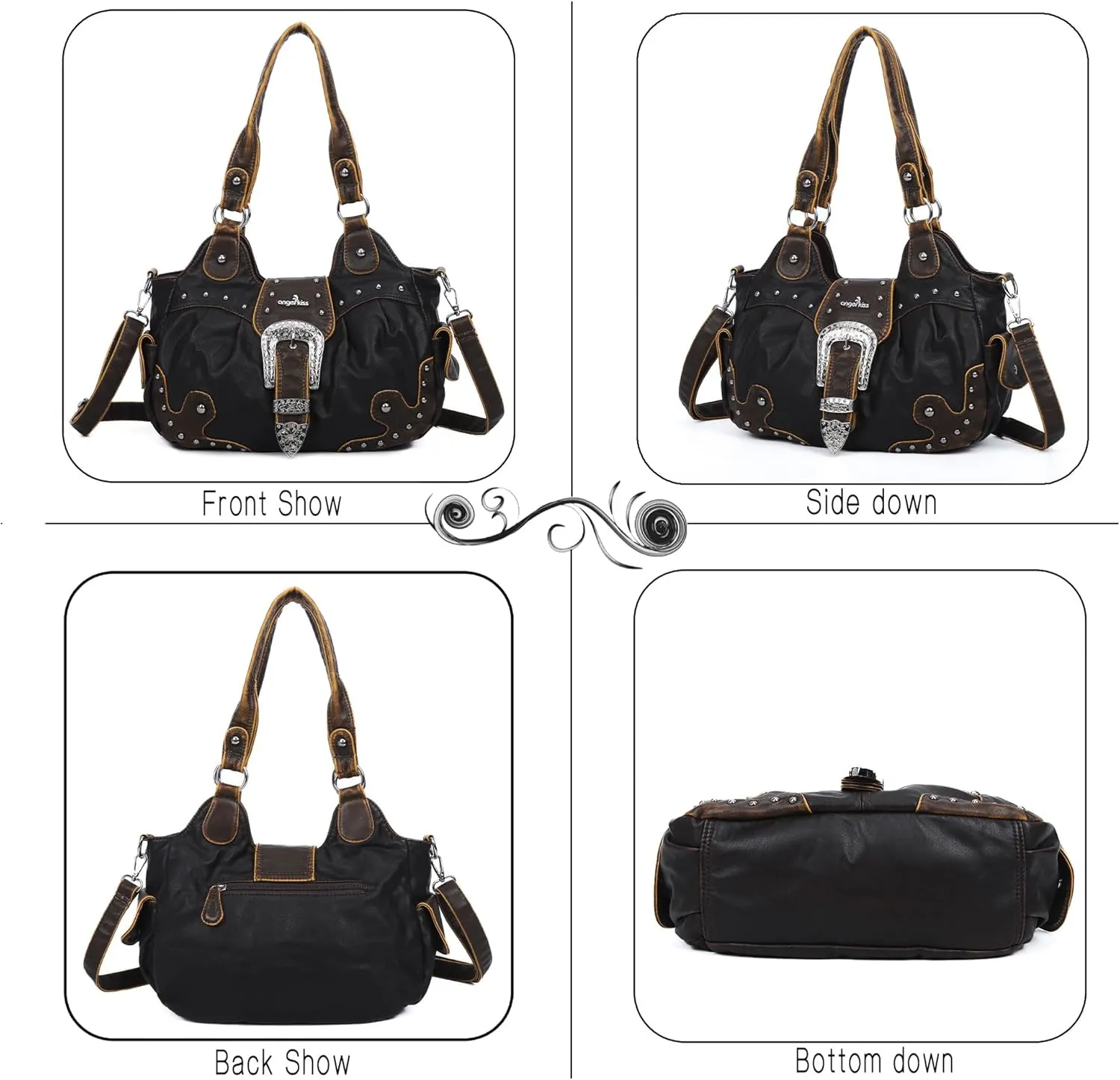 Angel Kiss Hobo Bags for Women Vegan Leather Purses and Handbags Ladies Chic Shoulder Bags Crossbody Purses with Metal Studs