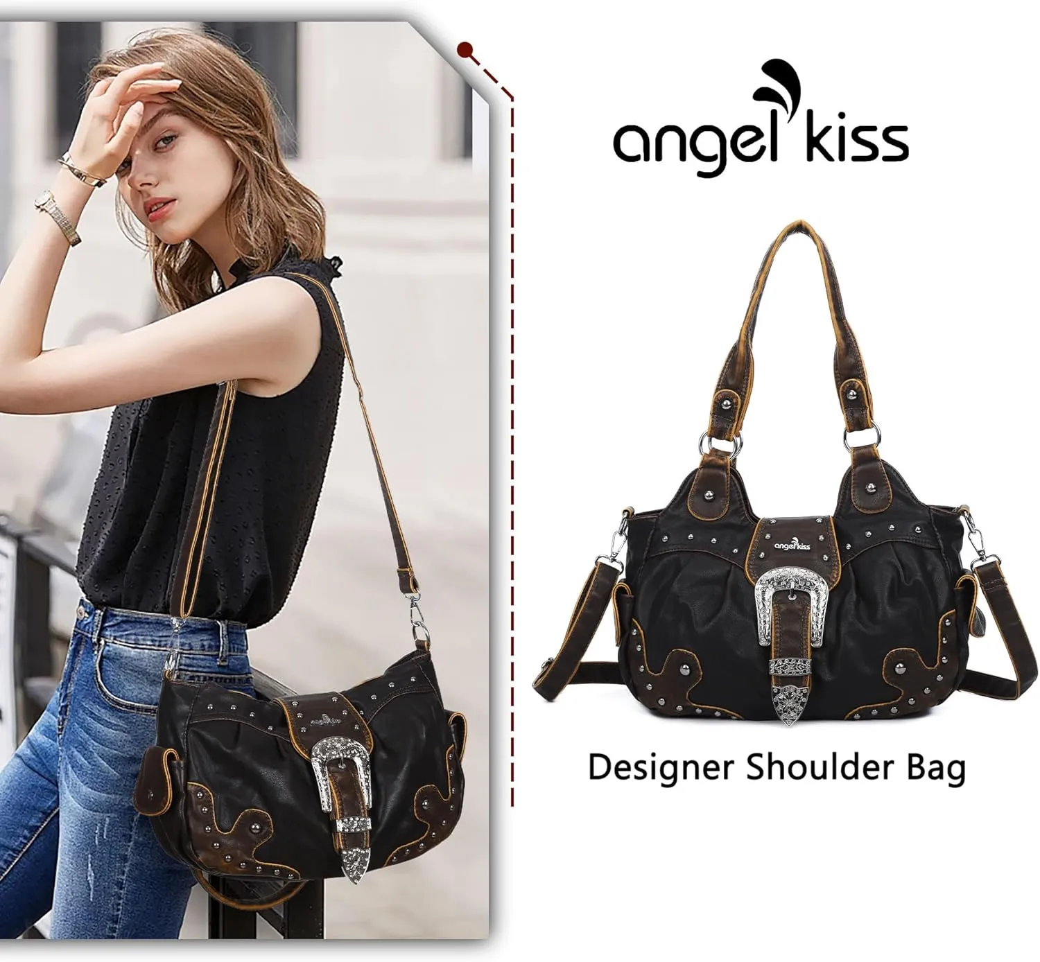 Angel Kiss Hobo Bags for Women Vegan Leather Purses and Handbags Ladies Chic Shoulder Bags Crossbody Purses with Metal Studs