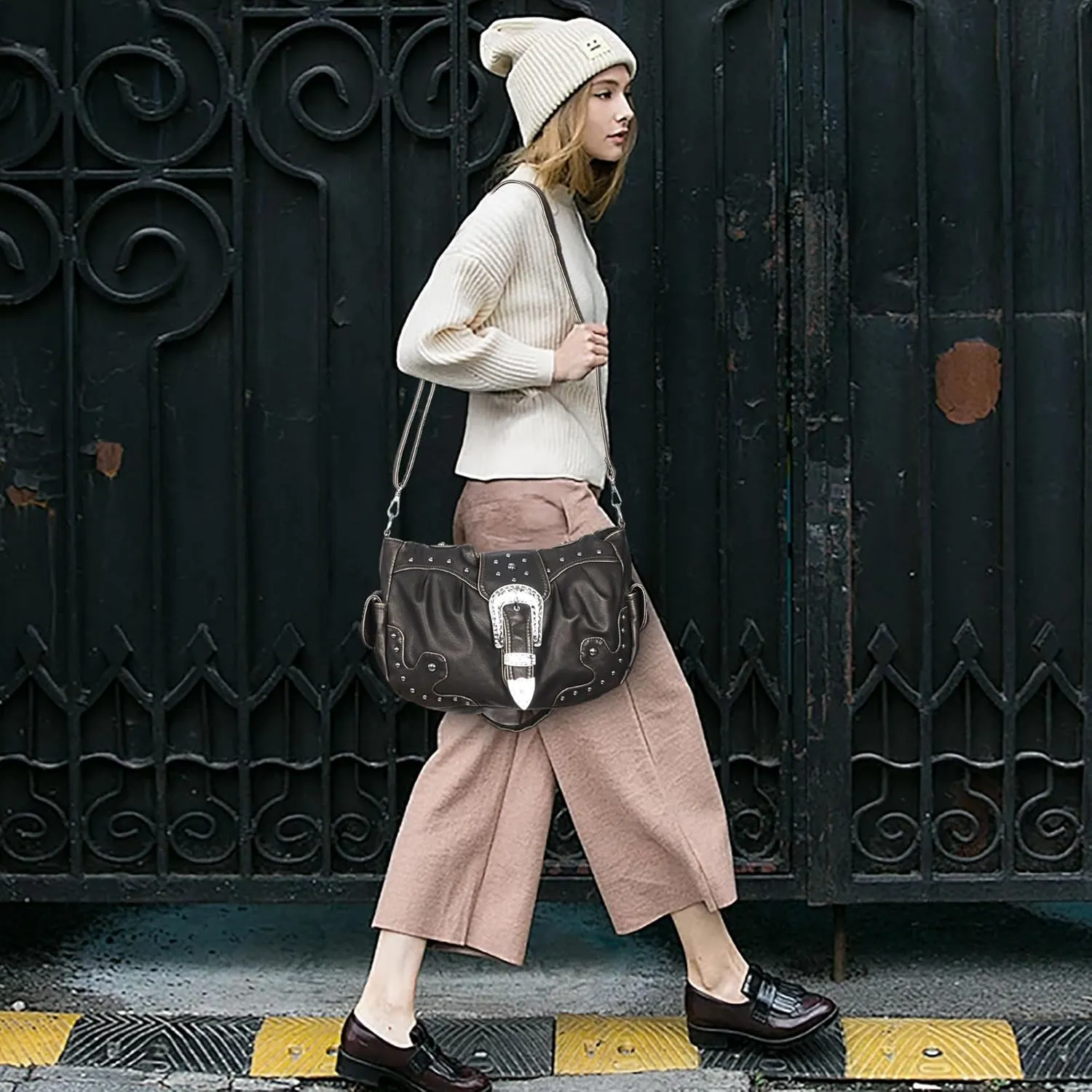Angel Kiss Hobo Bags for Women Vegan Leather Purses and Handbags Ladies Chic Shoulder Bags Crossbody Purses with Metal Studs