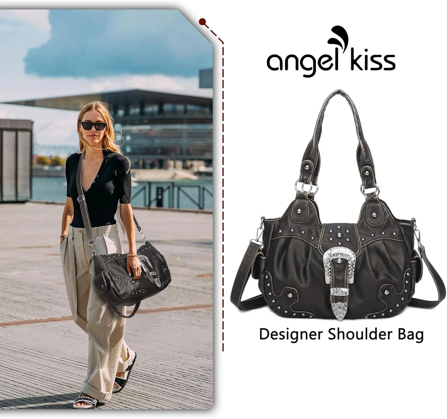 Angel Kiss Hobo Bags for Women Vegan Leather Purses and Handbags Ladies Chic Shoulder Bags Crossbody Purses with Metal Studs