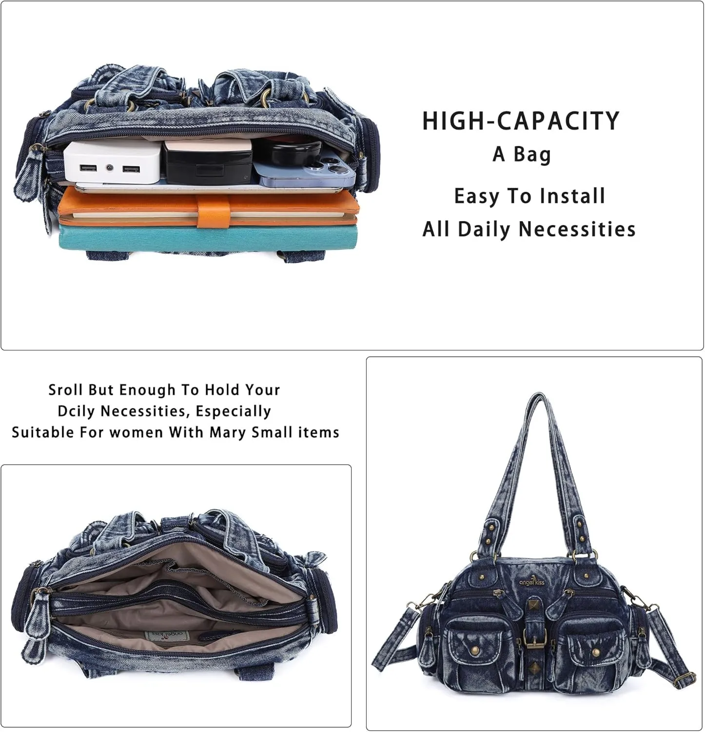 Angel Kiss Hobo Crossbody Purses for Women Shoulder Bag Multipocket Soft Hobo Purses Removable Strap Leather Handbags