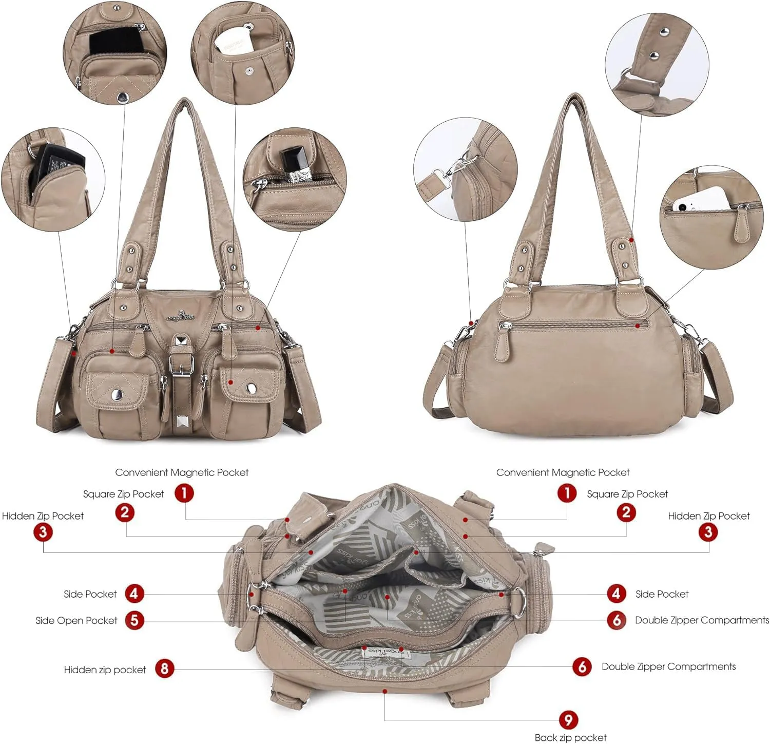 Angel Kiss Hobo Crossbody Purses for Women Shoulder Bag Multipocket Soft Hobo Purses Removable Strap Leather Handbags