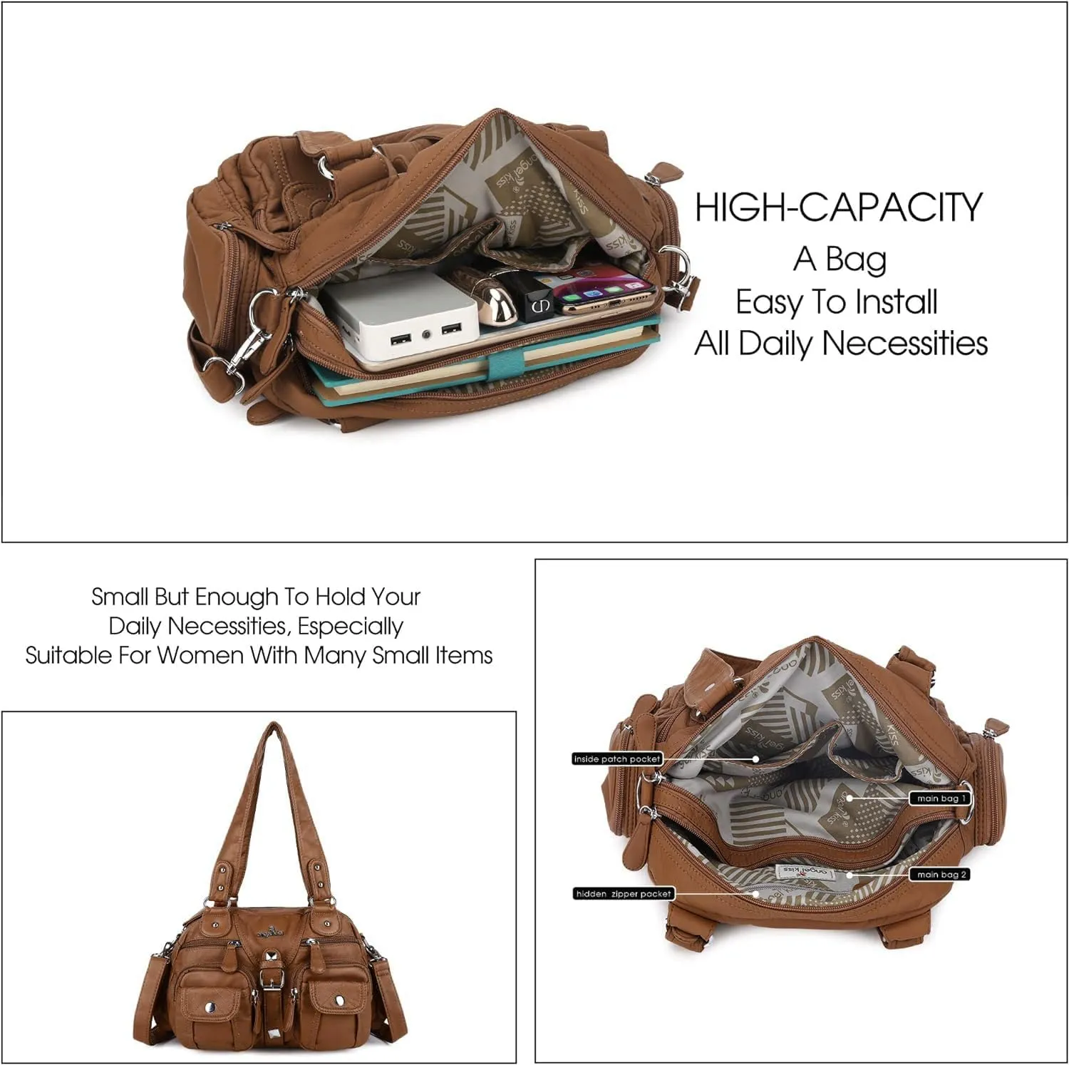 Angel Kiss Hobo Crossbody Purses for Women Shoulder Bag Multipocket Soft Hobo Purses Removable Strap Leather Handbags