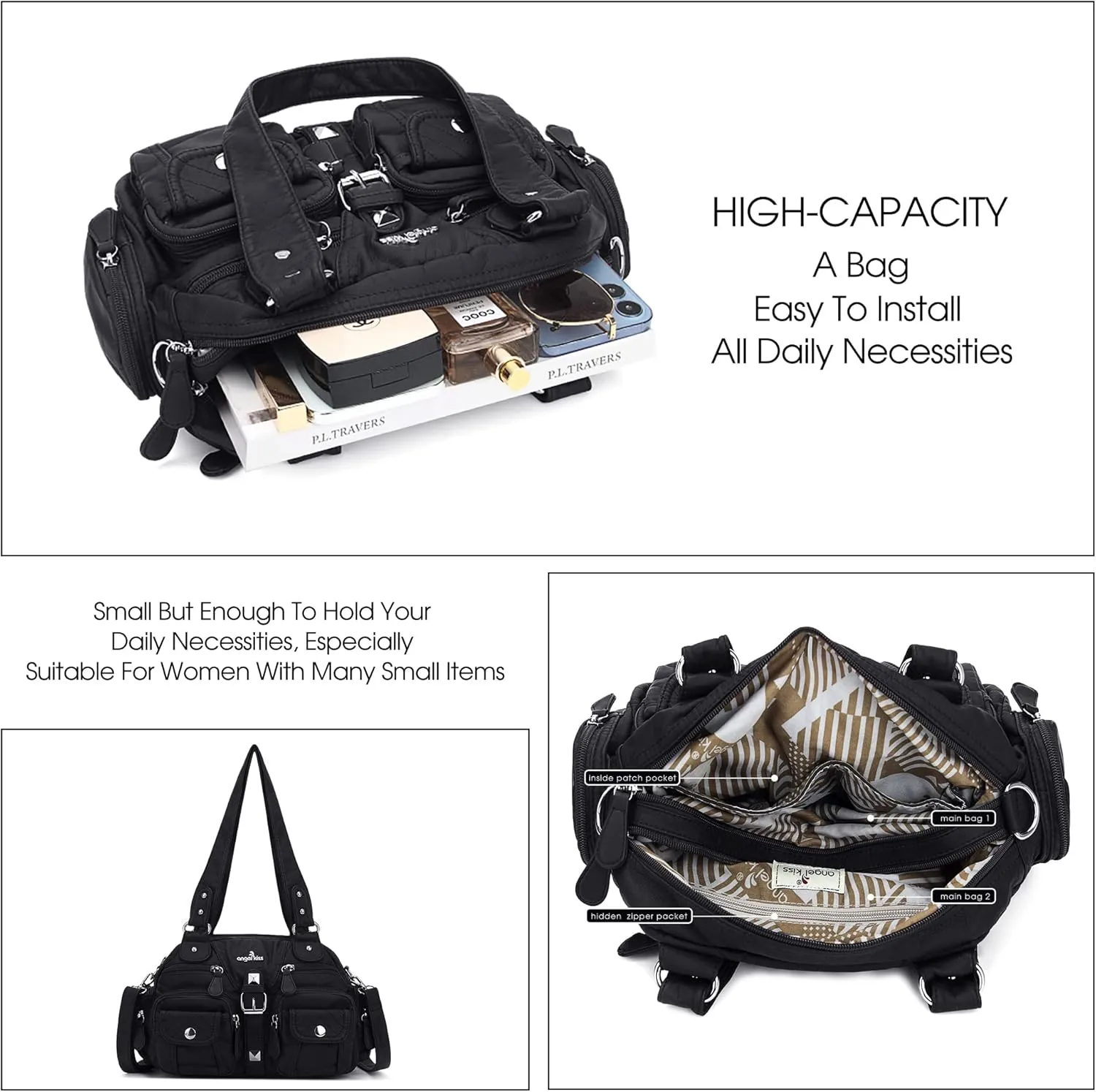 Angel Kiss Hobo Crossbody Purses for Women Shoulder Bag Multipocket Soft Hobo Purses Removable Strap Leather Handbags