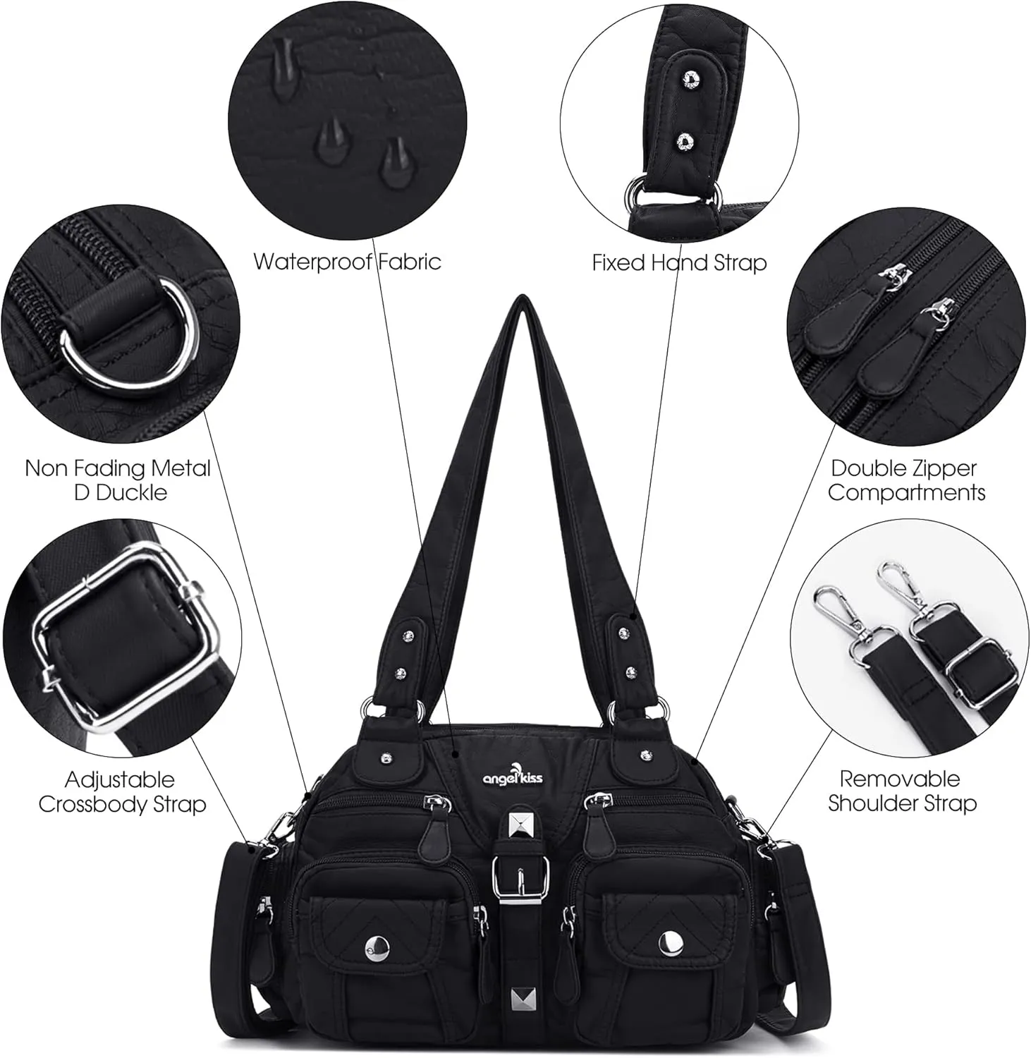 Angel Kiss Hobo Crossbody Purses for Women Shoulder Bag Multipocket Soft Hobo Purses Removable Strap Leather Handbags