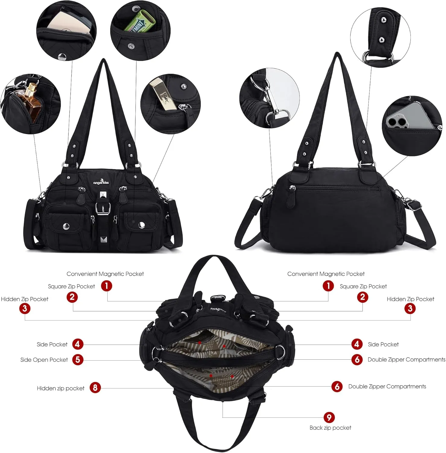 Angel Kiss Hobo Crossbody Purses for Women Shoulder Bag Multipocket Soft Hobo Purses Removable Strap Leather Handbags