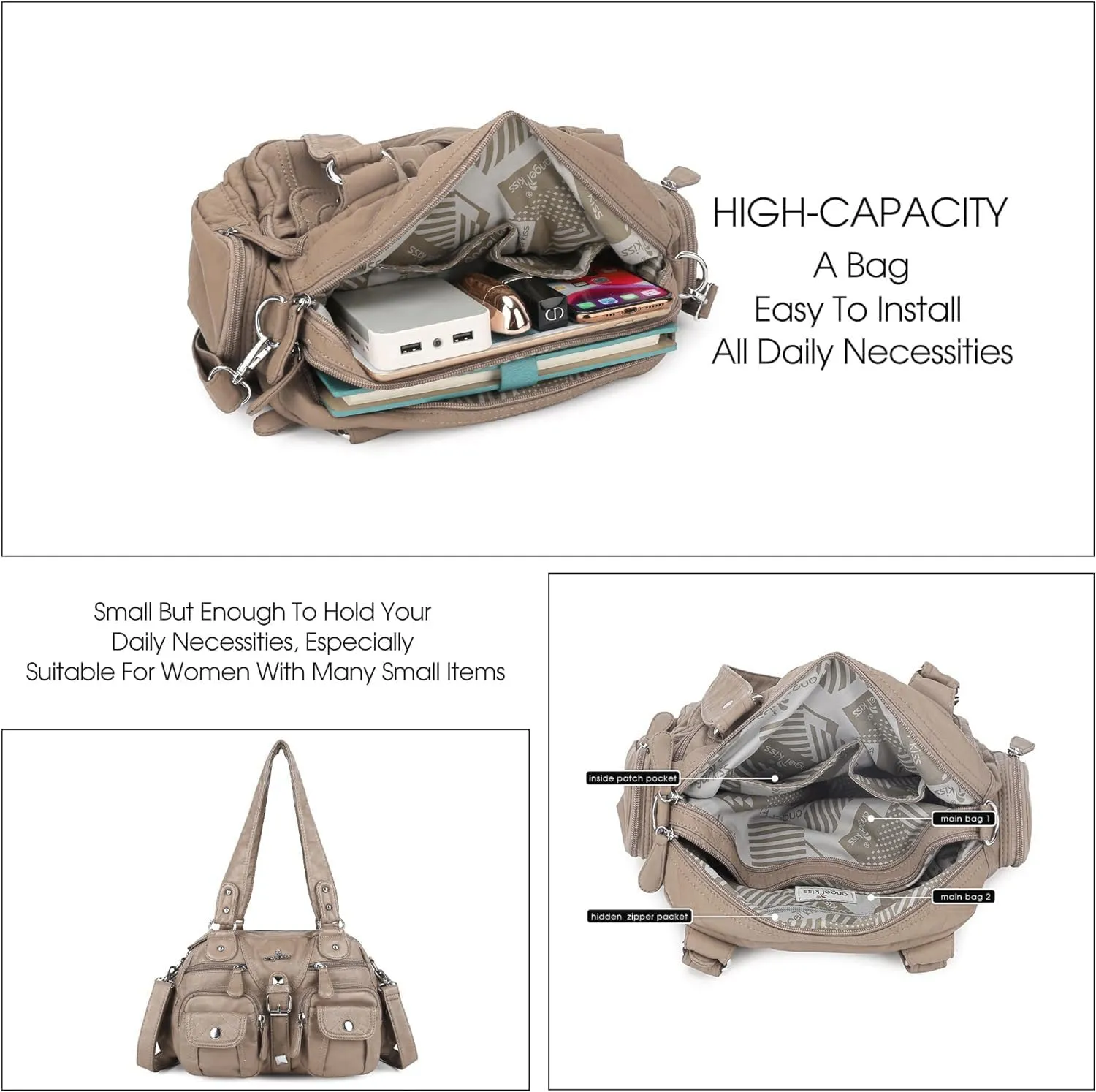 Angel Kiss Hobo Crossbody Purses for Women Shoulder Bag Multipocket Soft Hobo Purses Removable Strap Leather Handbags
