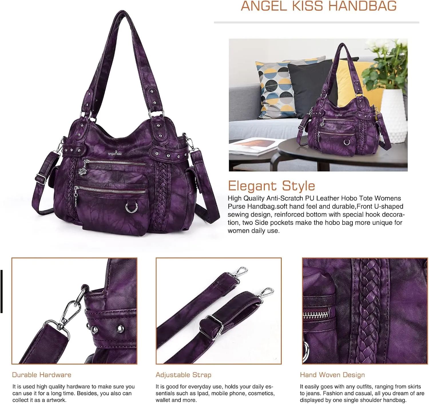 Angel Kiss Hobo Handbags for Women Soft PU Leather Shoulder Handbags Ladies Purses