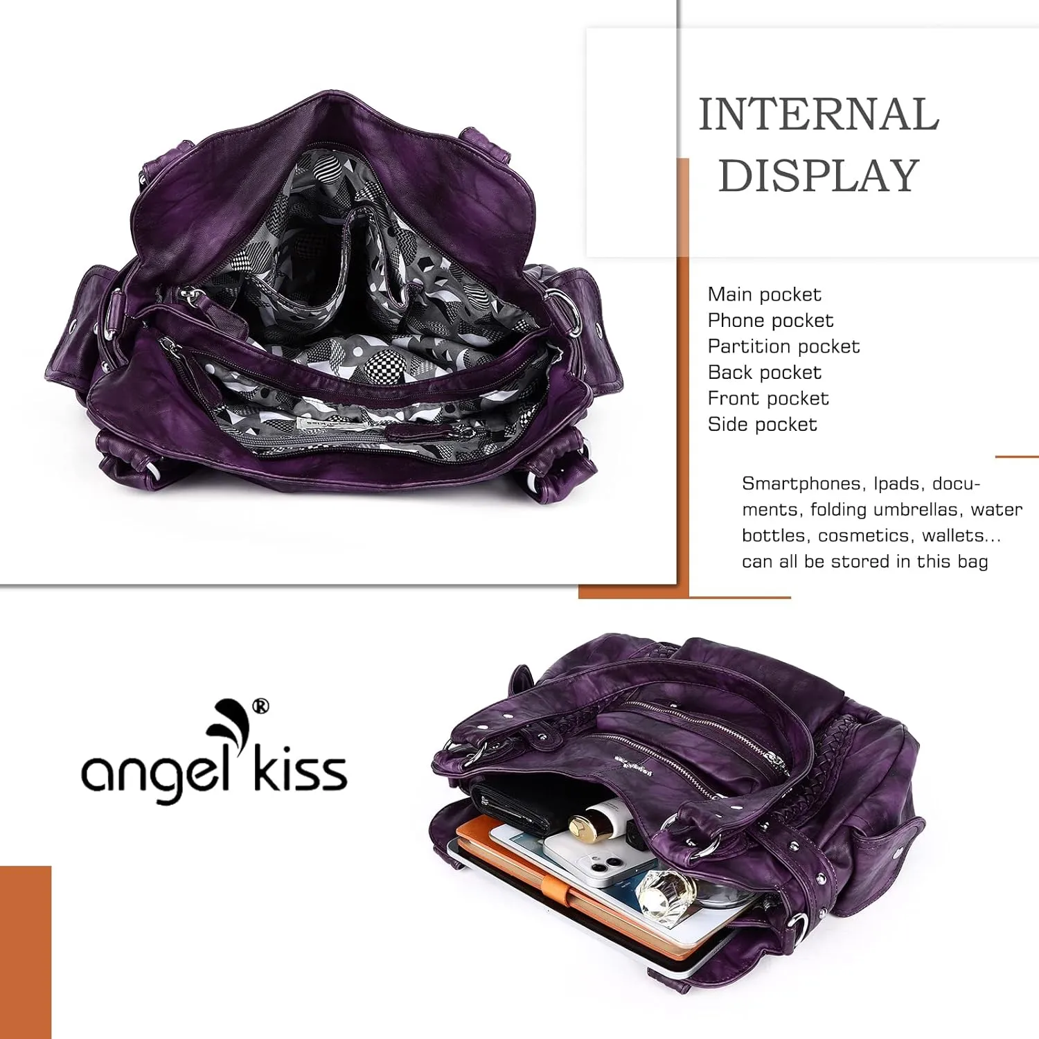 Angel Kiss Hobo Handbags for Women Soft PU Leather Shoulder Handbags Ladies Purses