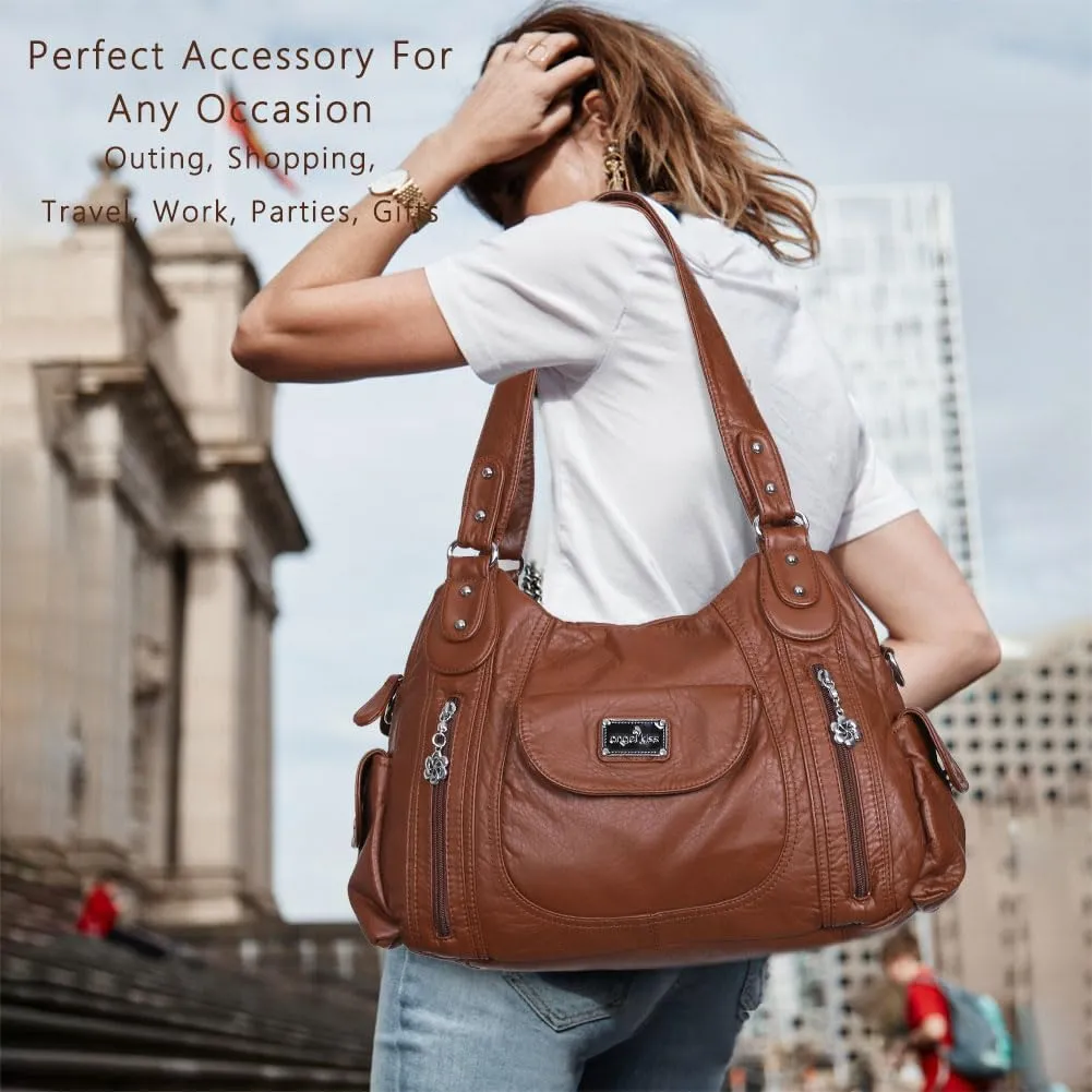 Angel Kiss Purses for Women, Large Shoulder Bag Hobo Tote Purse Mutipocket Faux Leather Satchel Hobo Purse