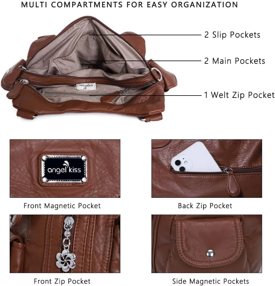 Angel Kiss Purses for Women, Large Shoulder Bag Hobo Tote Purse Mutipocket Faux Leather Satchel Hobo Purse