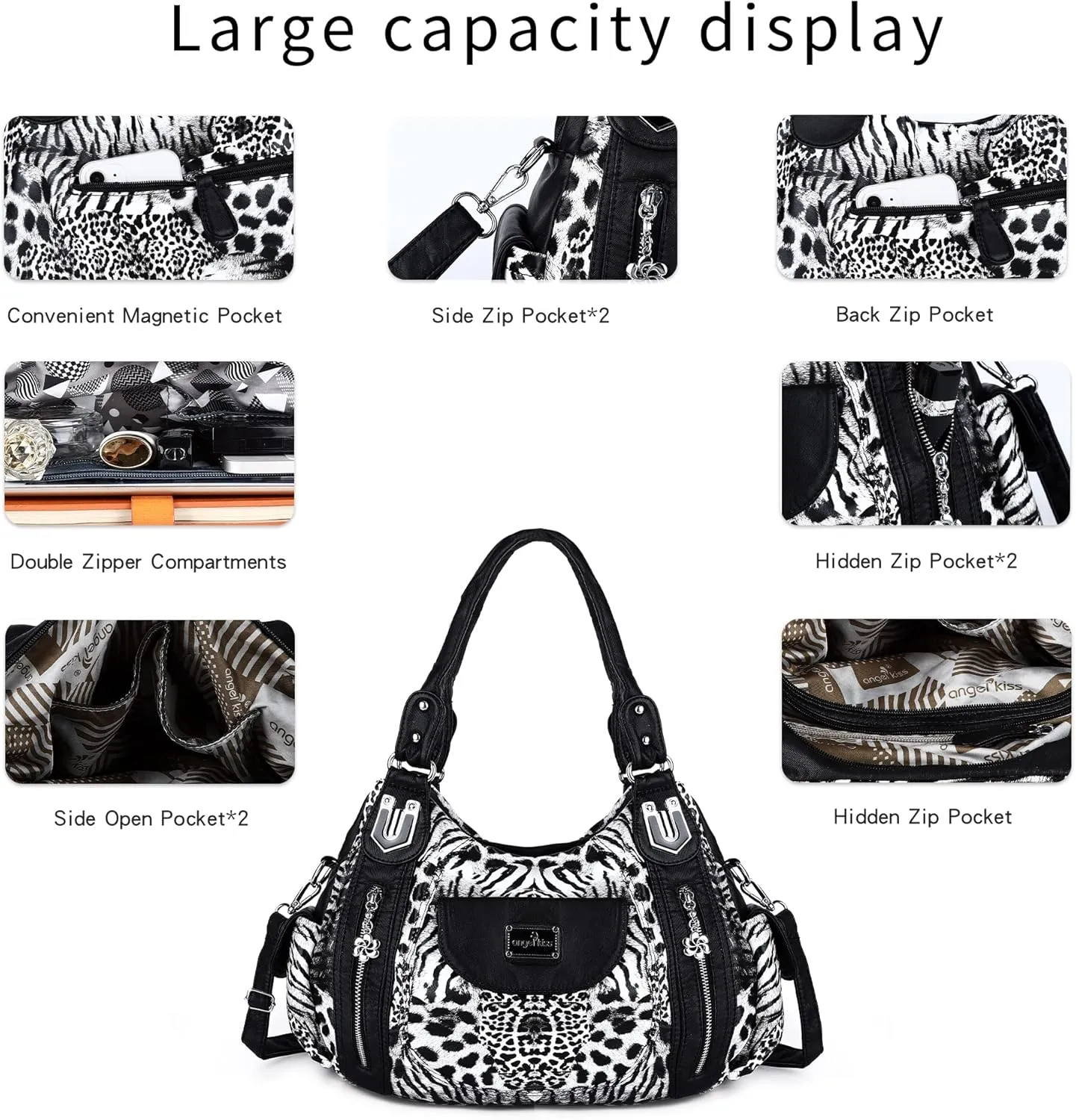 Angel Kiss Purses for Women, Large Shoulder Bag Hobo Tote Purse Mutipocket Faux Leather Satchel Hobo Purse