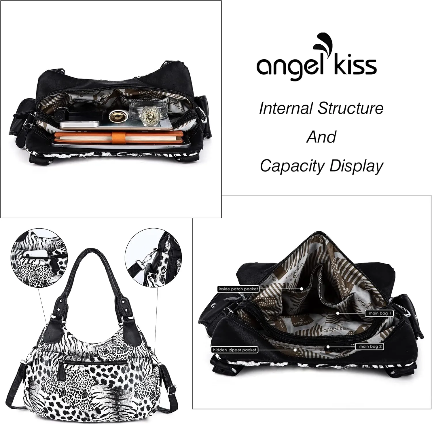 Angel Kiss Purses for Women, Large Shoulder Bag Hobo Tote Purse Mutipocket Faux Leather Satchel Hobo Purse
