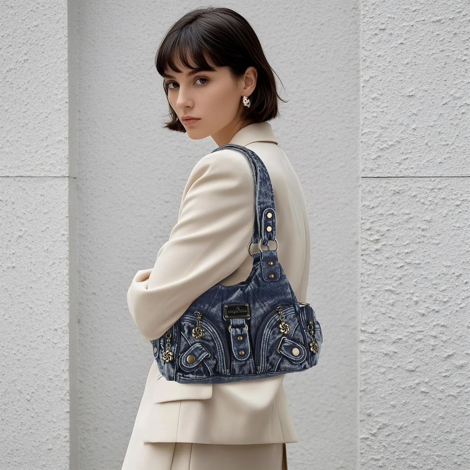 Angel Kiss Purses for Women Small Hobo Shoulder Bags Vagen Leather Multi-Pocket Tote Bag with Zipper