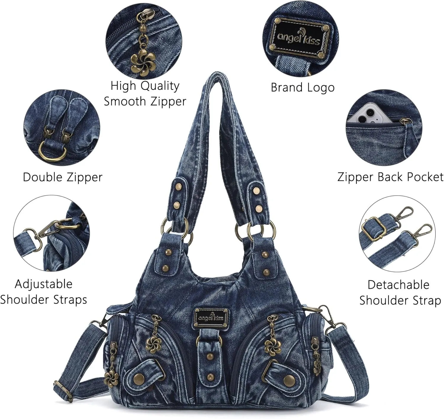 Angel Kiss Purses for Women Small Hobo Shoulder Bags Vagen Leather Multi-Pocket Tote Bag with Zipper