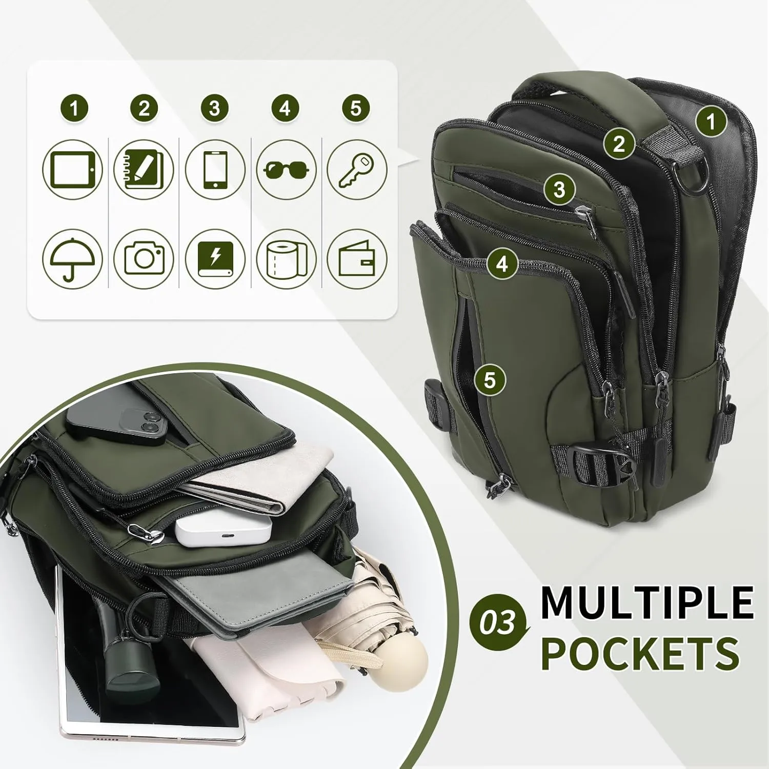 Anti Theft Crossbody Backpack, 9.7-Inch Pads Convertible Sling Bag Lightweight One Strap Casual Pack for Women Men Hiking Travel Cycling (Green)