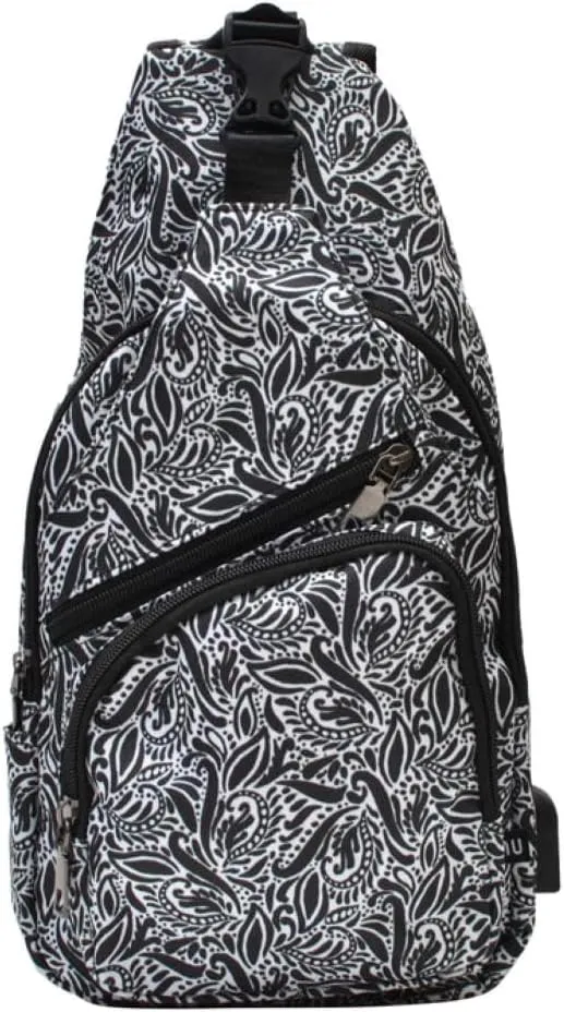 Anti-Theft Daypack Crossbody Sling Backpack, USB Charging, Lightweight Day Pack for Travel, Hiking, Everyday, Large, Black Paisley