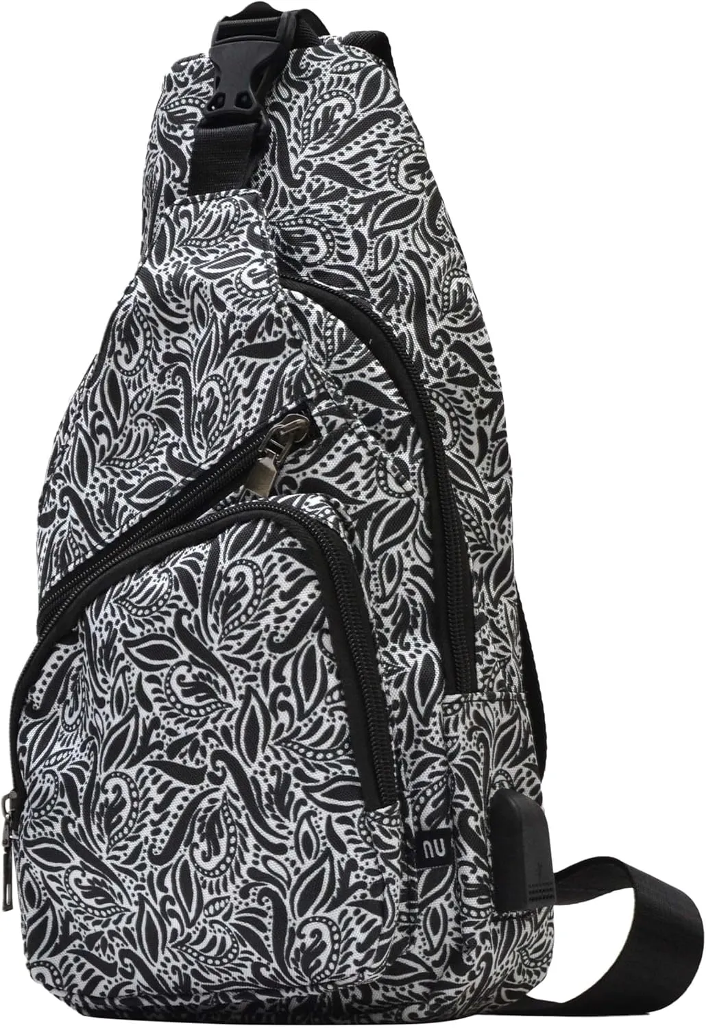 Anti-Theft Daypack Crossbody Sling Backpack, USB Charging, Lightweight Day Pack for Travel, Hiking, Everyday, Large, Black Paisley