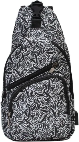 Anti-Theft Daypack Crossbody Sling Backpack, USB Charging, Lightweight Day Pack for Travel, Hiking, Everyday, Large, Black Paisley