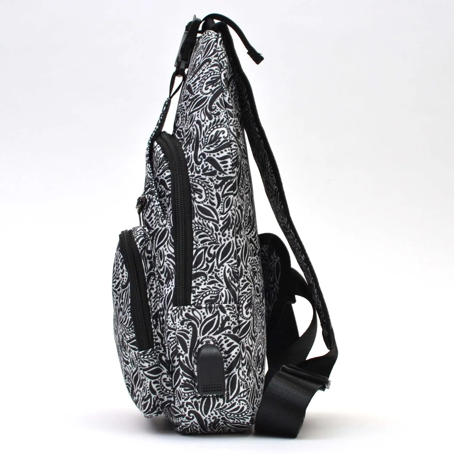 Anti-Theft Daypack Crossbody Sling Backpack, USB Charging, Lightweight Day Pack for Travel, Hiking, Everyday, Large, Black Paisley