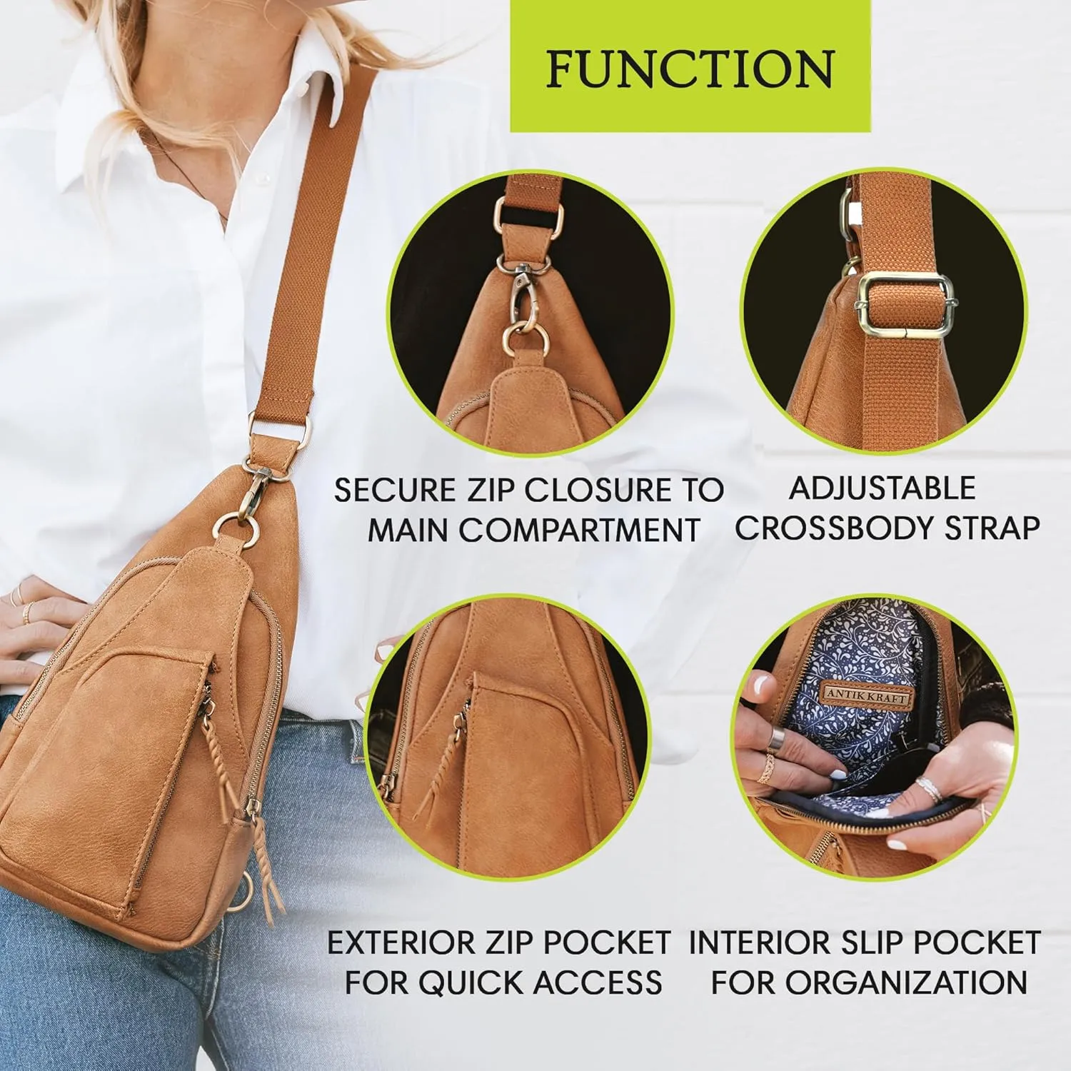 Antik Kraft Tasha Crossbody Sling (Moss) | Vegan Leather Crossbody Bag for Women with 16-20" Strap | Sling Bags for Women with Durable Antique Brass Hardware | 7in x 2.5in x 12.5in |