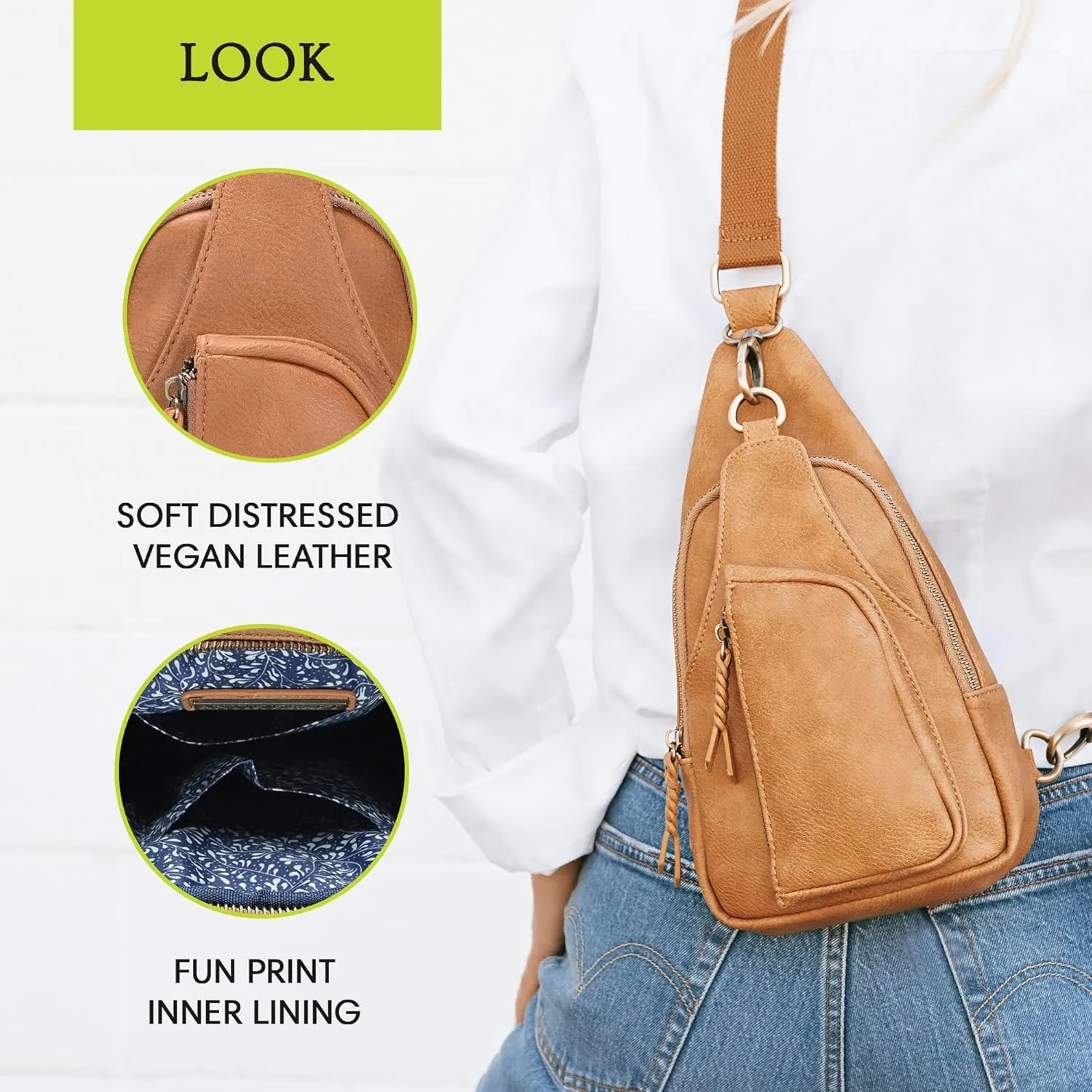 Antik Kraft Tasha Crossbody Sling (Moss) | Vegan Leather Crossbody Bag for Women with 16-20" Strap | Sling Bags for Women with Durable Antique Brass Hardware | 7in x 2.5in x 12.5in |