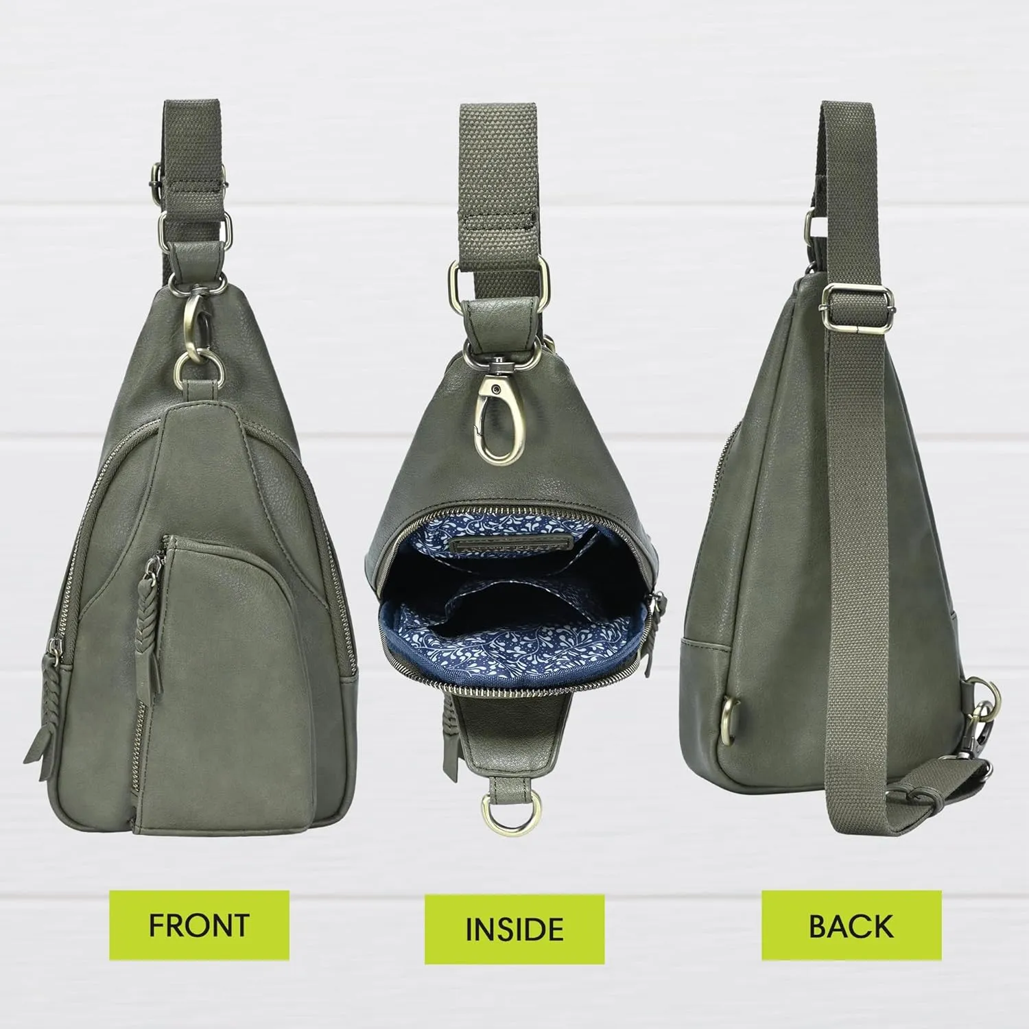 Antik Kraft Tasha Crossbody Sling (Moss) | Vegan Leather Crossbody Bag for Women with 16-20" Strap | Sling Bags for Women with Durable Antique Brass Hardware | 7in x 2.5in x 12.5in |