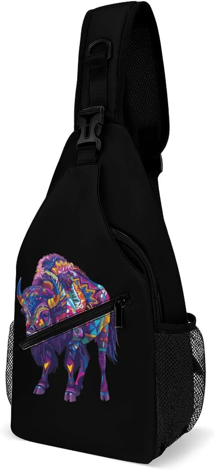 Art Print Bison Funny Crossbody Sling Bag Novelty Chest Bags Shoulder Backpack For Travel Hiking 15×8×4 Inches
