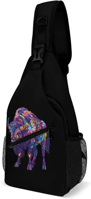 Art Print Bison Funny Crossbody Sling Bag Novelty Chest Bags Shoulder Backpack For Travel Hiking 15×8×4 Inches