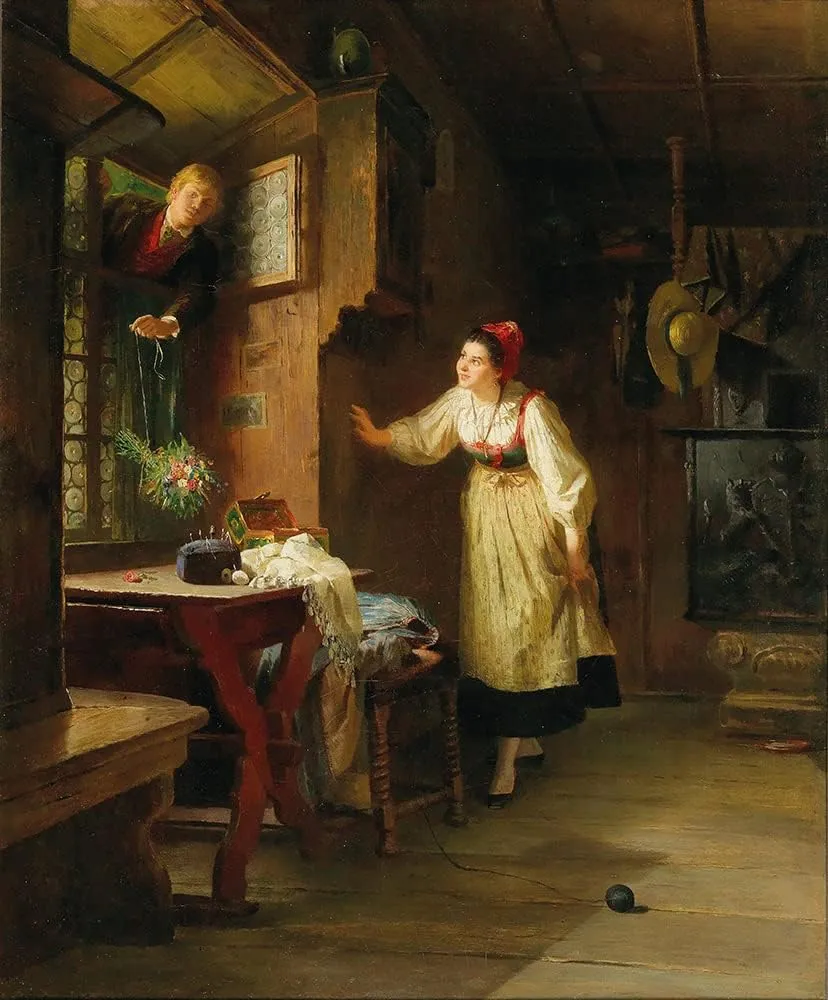 ArtDirect Friedrich Ortlieb 20x23 Black Ornate Framed and Double Matted Museum Art Print Titled: The Secret Visit of the Suitor