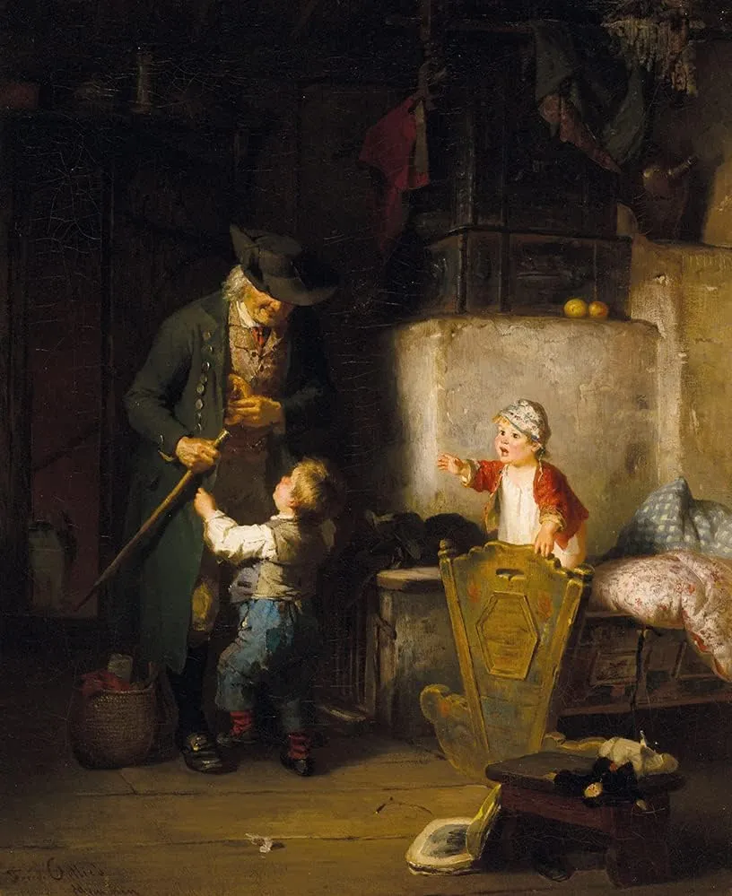 ArtDirect Friedrich Ortlieb 20x24 Gold Ornate Framed and Double Matted Museum Art Print Titled: The Grandfather's Visit
