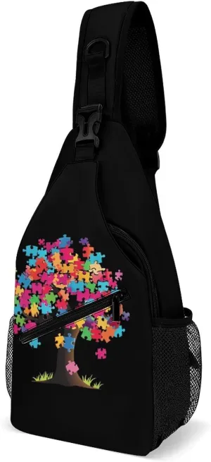 Autism Awareness Puzzle Piece Tree Funny Crossbody Sling Bag Novelty Chest Bags Shoulder Backpack For Travel Hiking 15×8×4 Inches