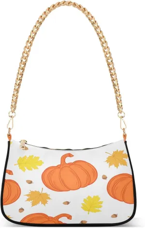 Autumn Red Pumpkins Leaves Acorn Womens Shoulder Bag for Women Girls Hobo Tote Handbag Gold Chain Crossbody Bag with Zipper Clutch Purse Handbags