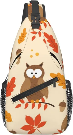 Autumnal Leaves And Owl Bird Acorns Pattern Sling Backpack Casual Crossbody Shoulder Bag Travel Hiking Daypack Unisex Chest Bags For Women Men Outdoor Sport