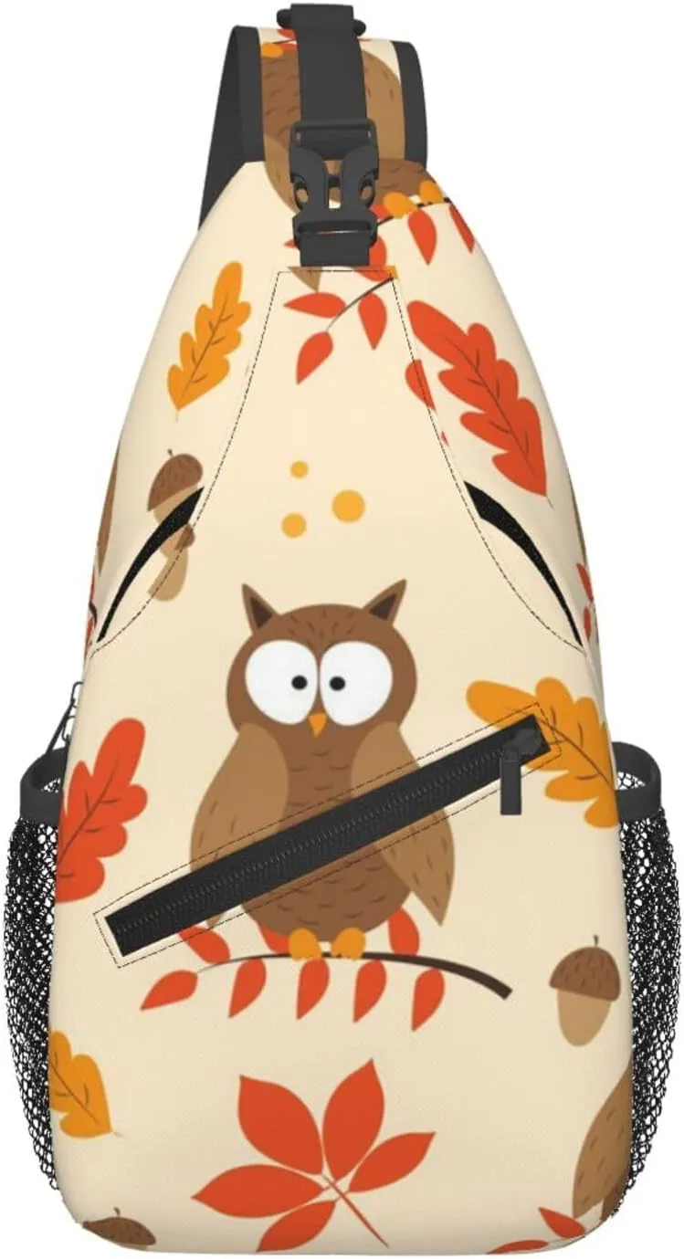 Autumnal Leaves And Owl Bird Acorns Pattern Sling Backpack Casual Crossbody Shoulder Bag Travel Hiking Daypack Unisex Chest Bags For Women Men Outdoor Sport