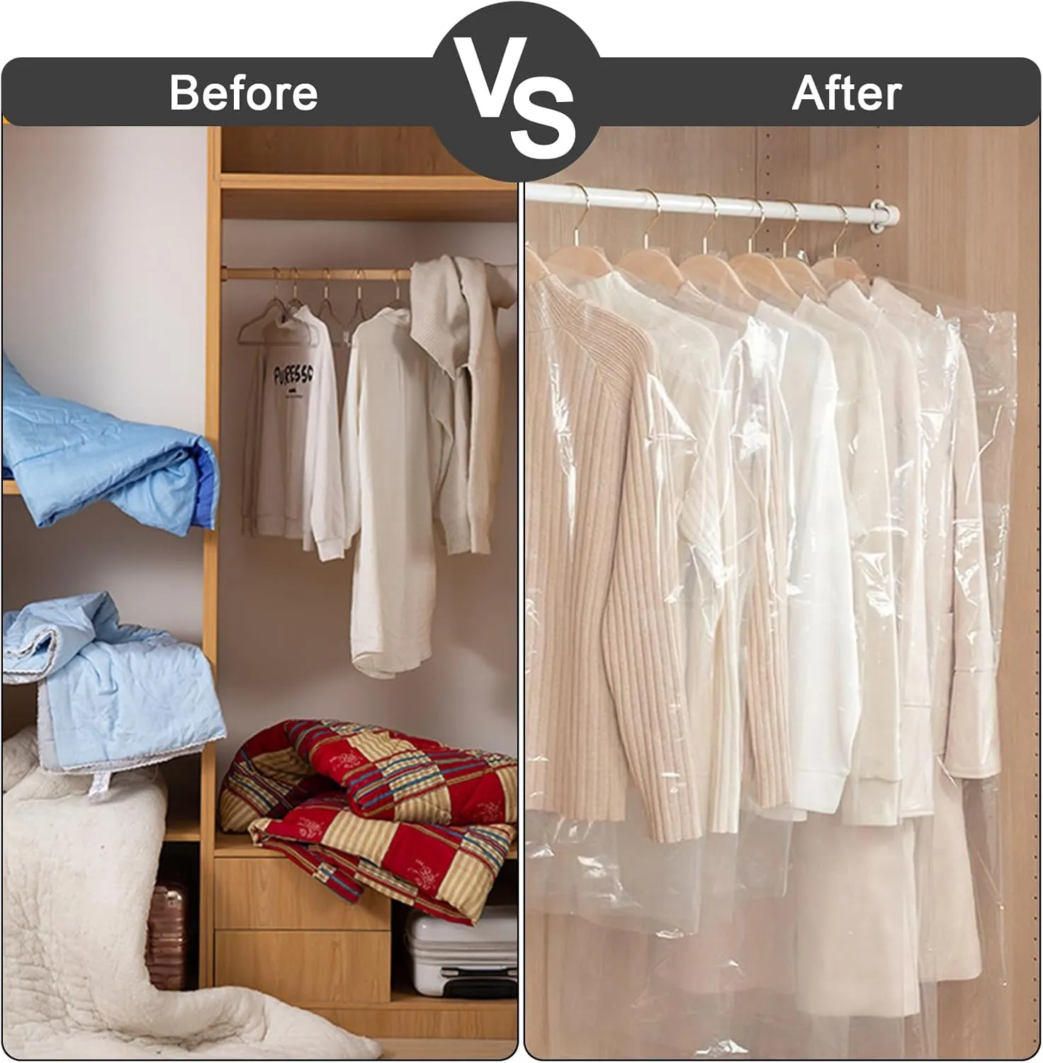 AVLA 50 Pack Plastic Garment Bags, Clear Dry Cleaner Bags, Dry Cleaning Hanging Clothes Cover, Transparent Coat Suit Dust Cover Protector Bag for Closet Storage, Home, Laundry, Laundrette, 23 x 59 In