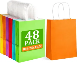 BagDream 48 Pieces Assorted Gift Bags Medium Size Rainbow Colors Kraft Paper Party Favor Gift Bags with Handles for Wedding Brithday 8x4.25x10.5