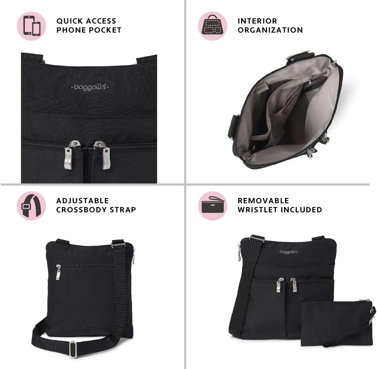 Baggallini Horizon Crossbody Bags for Women 10x10.5 Lightweight Water-Resistant Nylon RFID Purse Handbag w/Wristlet Included
