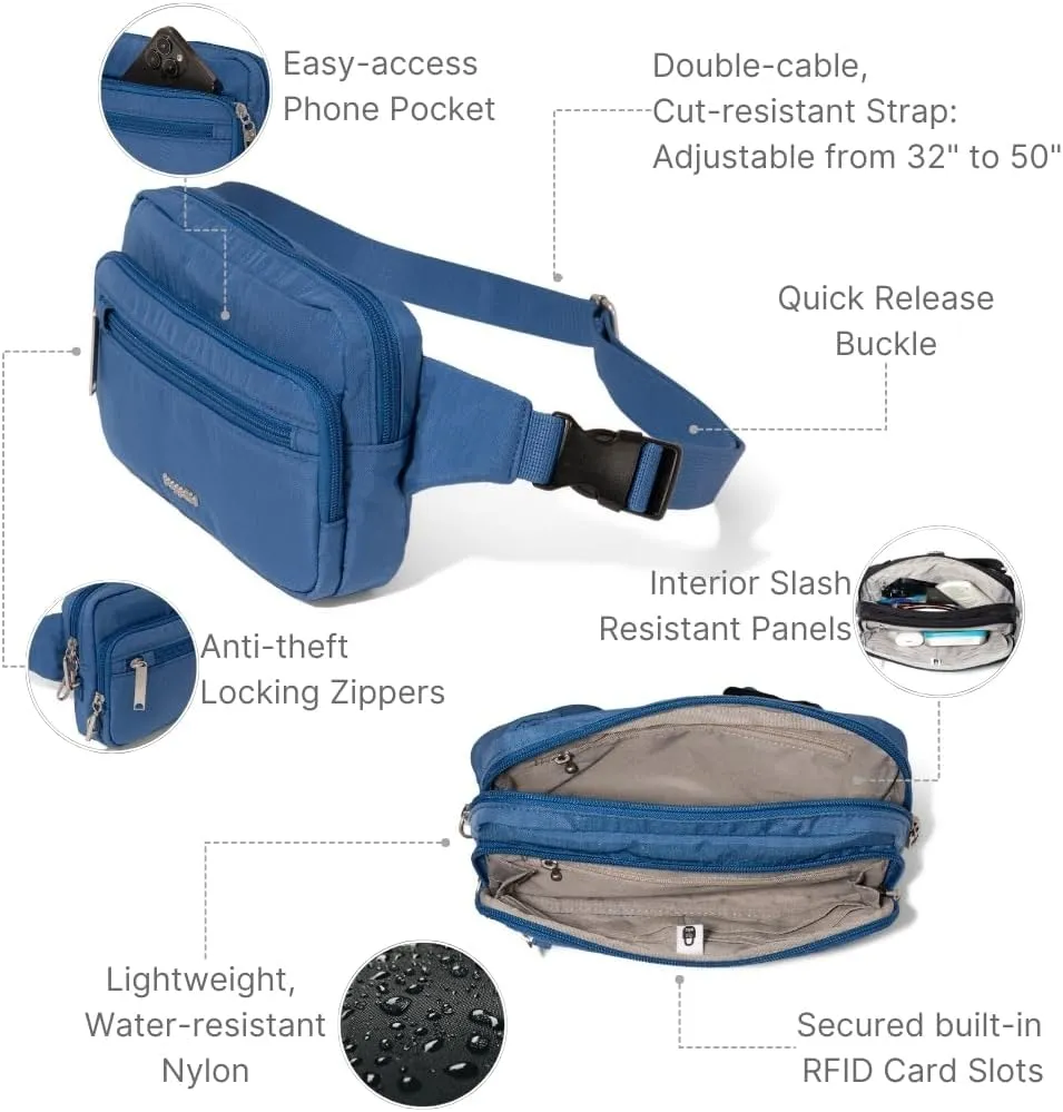 Baggallini Securtex Anti-Theft Belt Fanny Pack for Women RFID Wallet Locking Zipper-Travel Bag Crossbody Purse