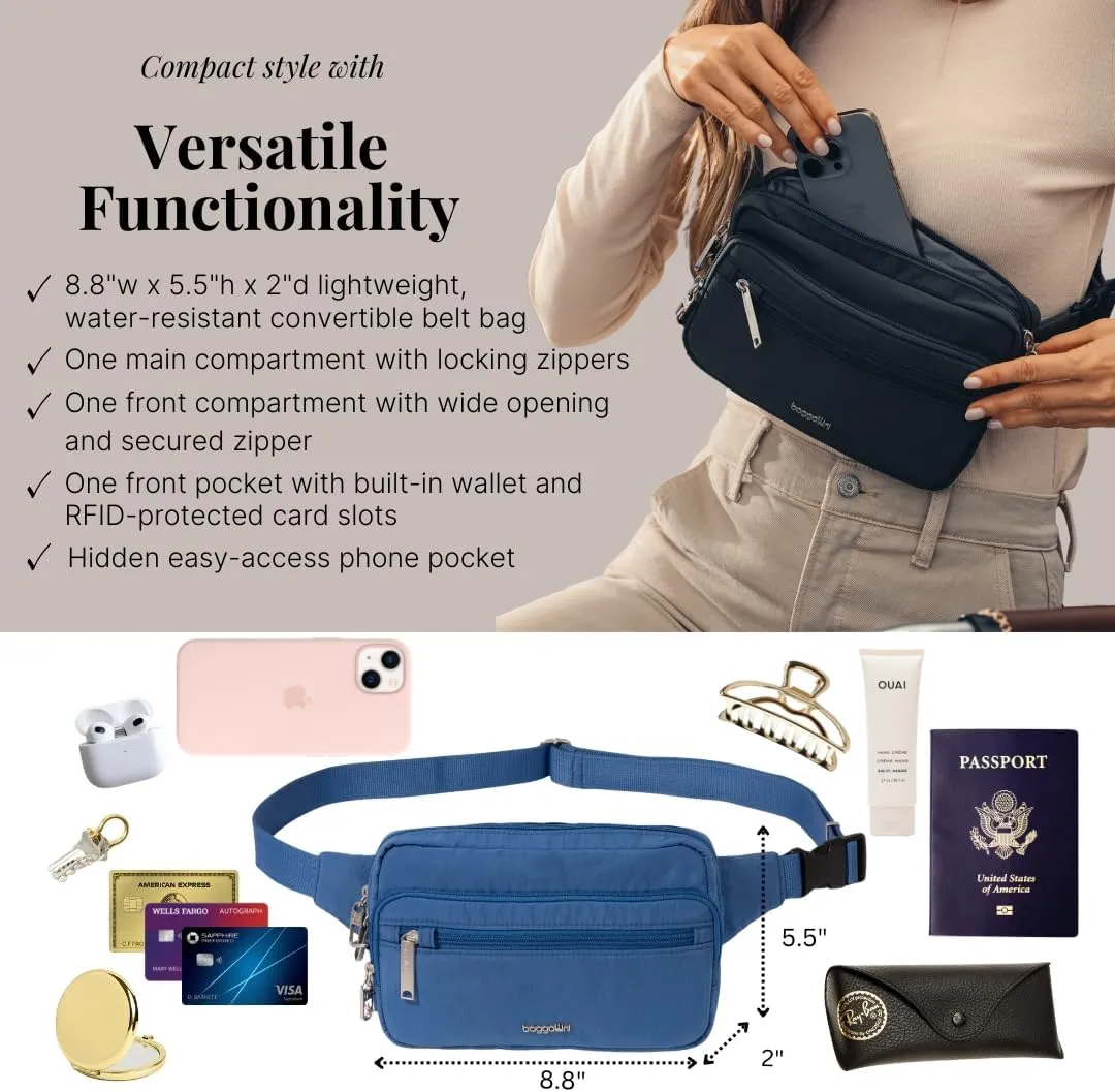 Baggallini Securtex Anti-Theft Belt Fanny Pack for Women RFID Wallet Locking Zipper-Travel Bag Crossbody Purse