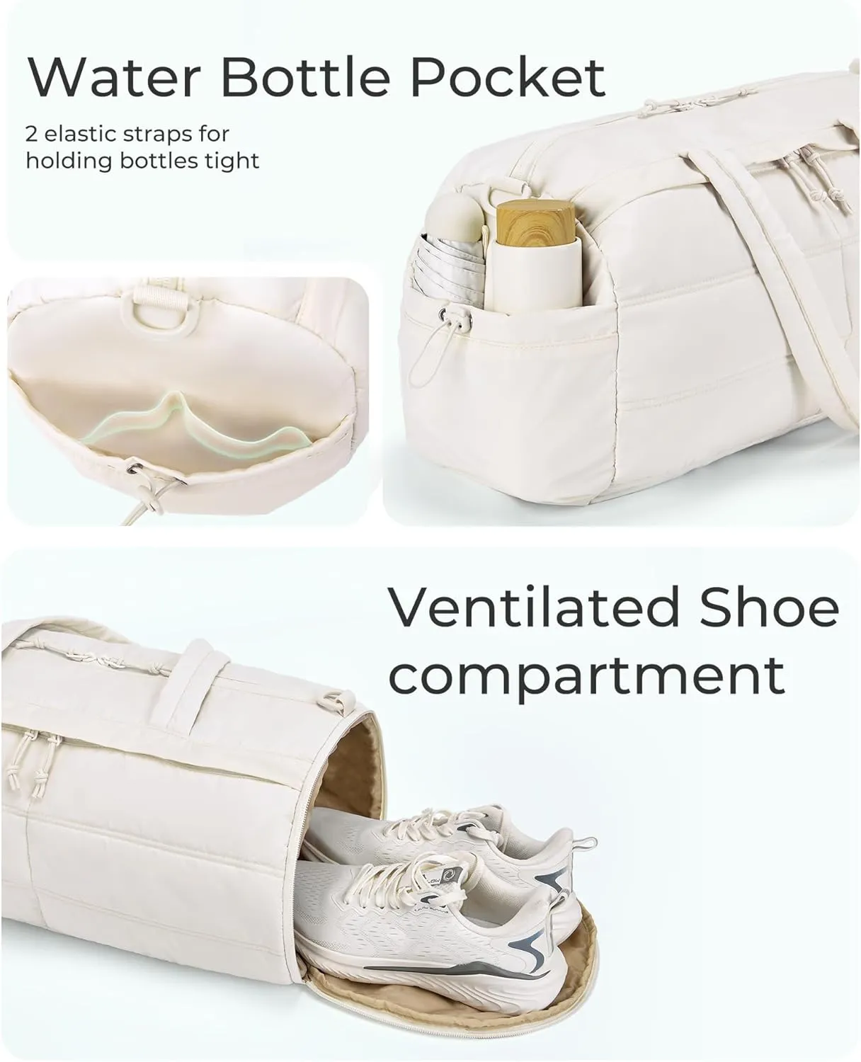BAGSMART Puffer Gym Bag for Women, Lightweight Duffel with Shoe Compartment, Weekender Bags with Wet Pocket, Workout Overnight Carry on for Travel, Beige