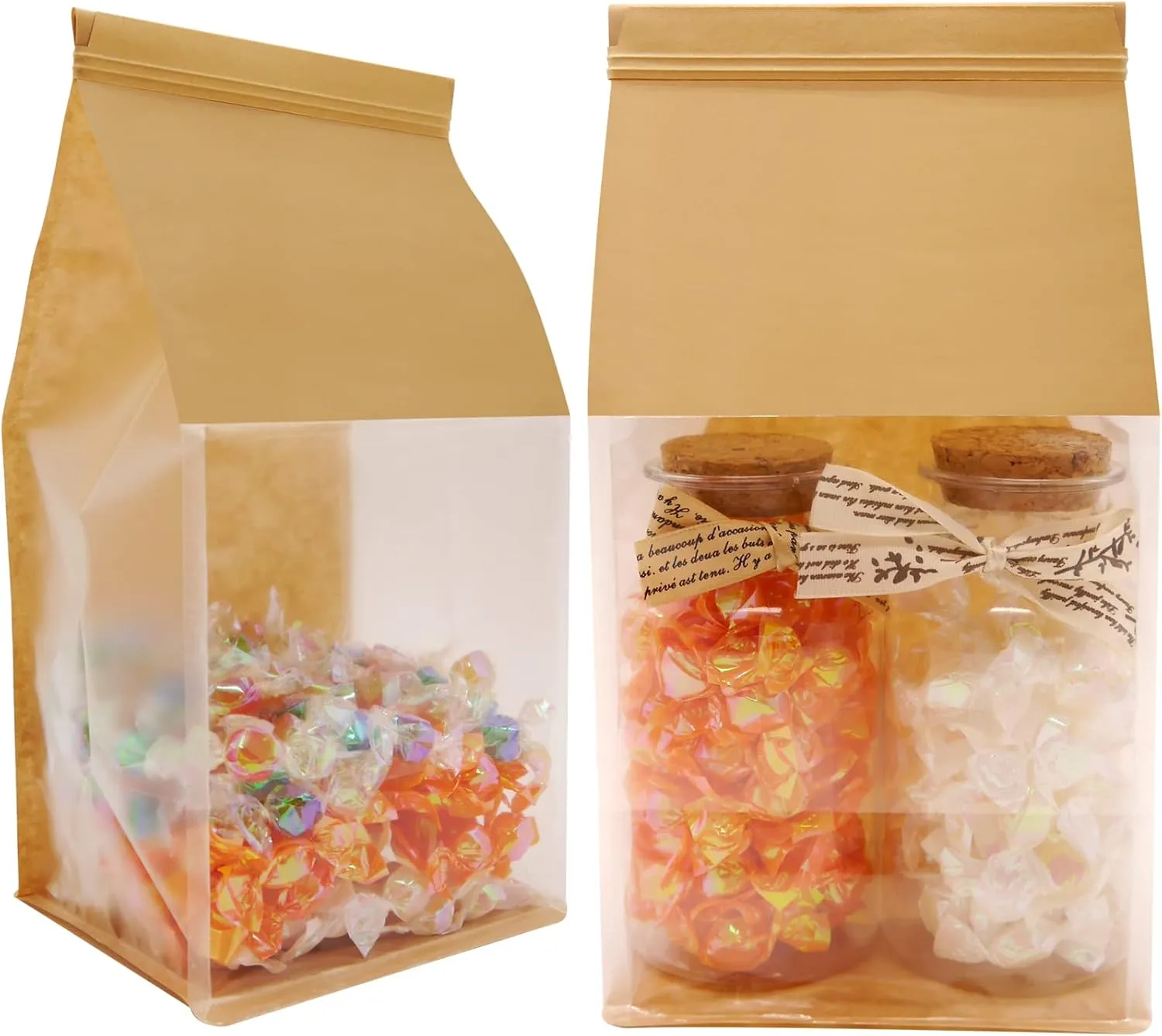 Bakery Bags with Window Large Cookie Bags for Packaging 100Pcs 5.1x4.3x11 Inche Brown Kraft Paper Homemade Bread Bag Keeps Items Fresh Professional and Durability,Easy to Use,Take Out.