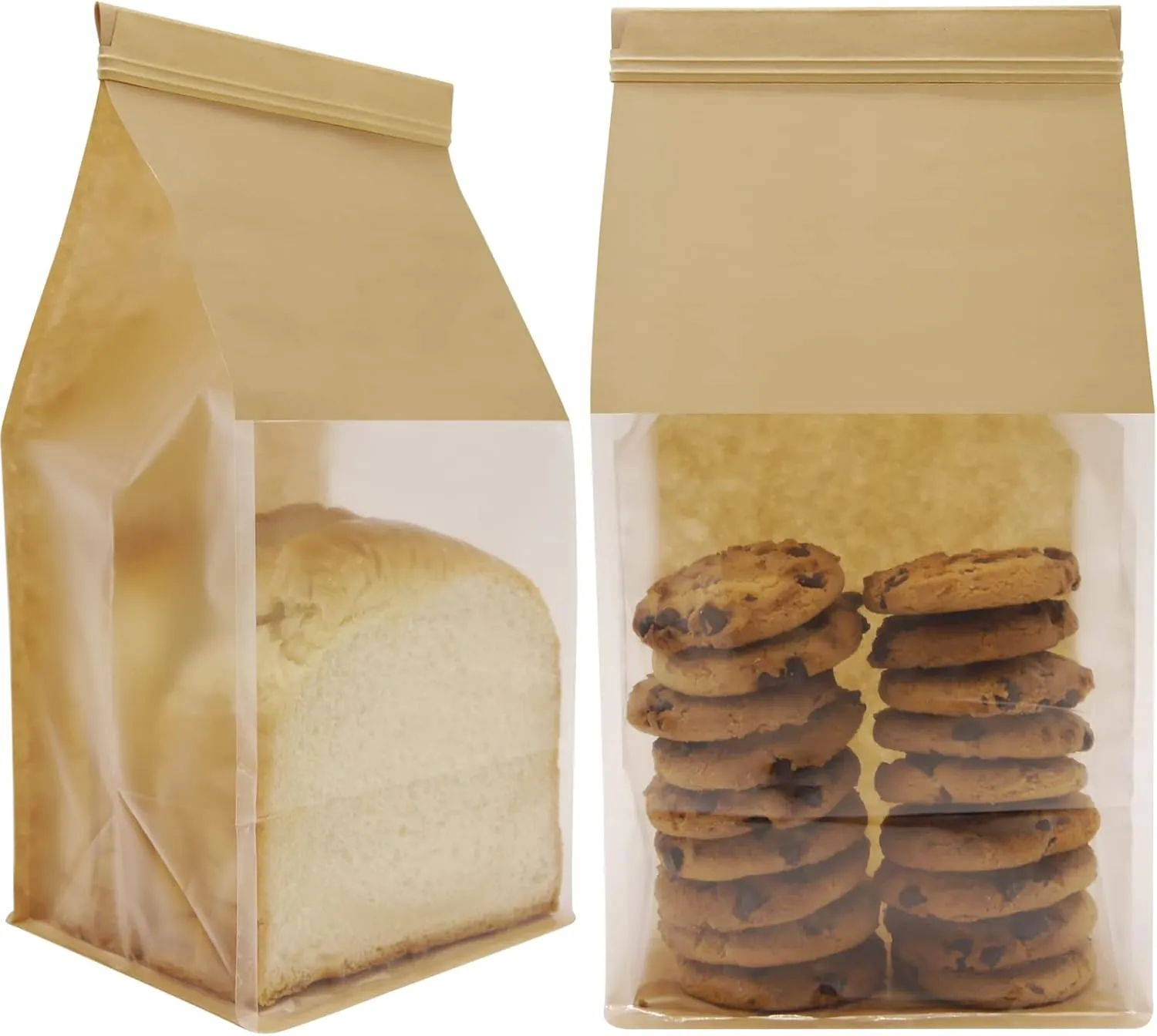 Bakery Bags with Window Large Cookie Bags for Packaging 100Pcs 5.1x4.3x11 Inche Brown Kraft Paper Homemade Bread Bag Keeps Items Fresh Professional and Durability,Easy to Use,Take Out.