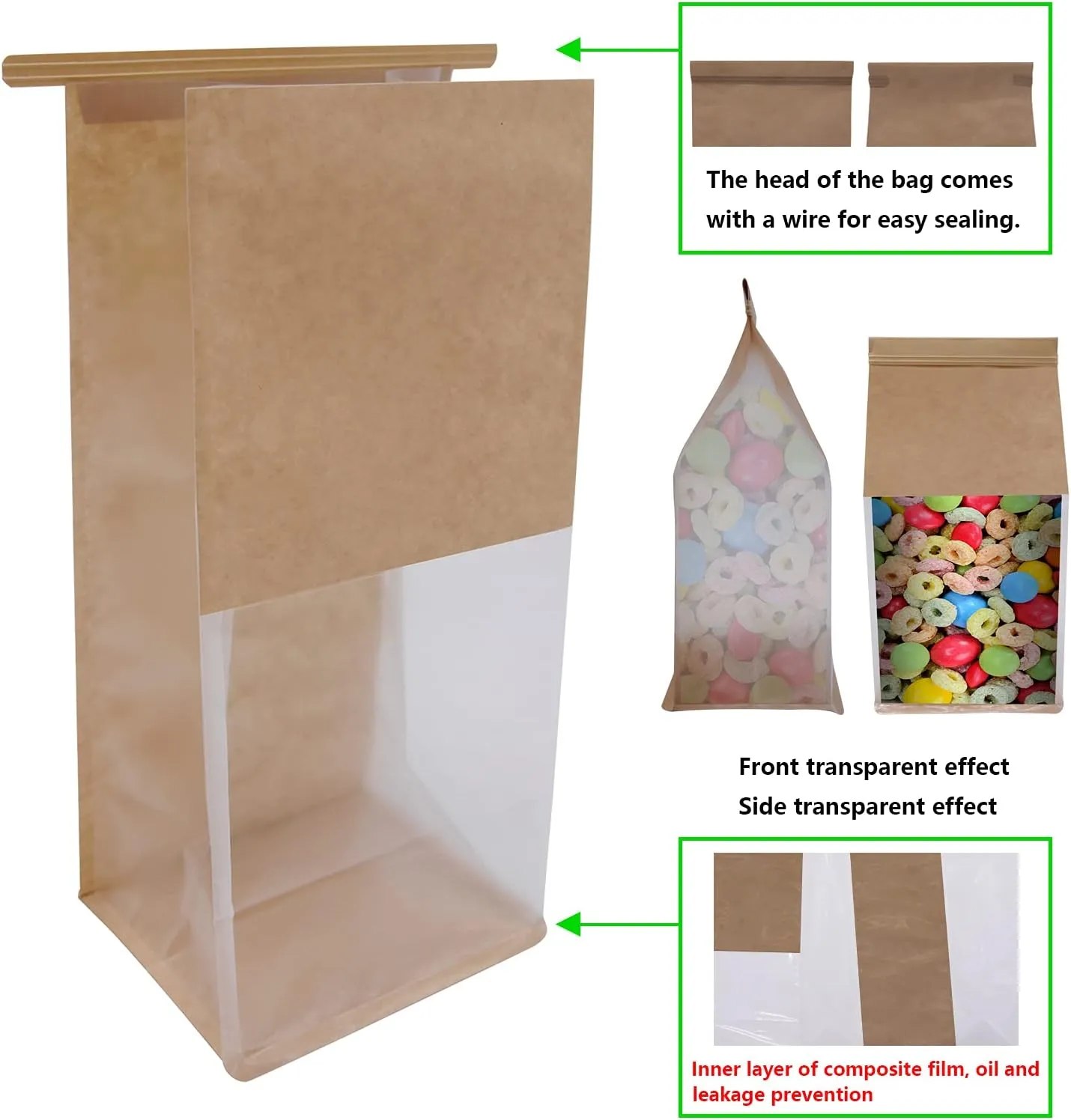 Bakery Bags with Window Large Cookie Bags for Packaging 100Pcs 5.1x4.3x11 Inche Brown Kraft Paper Homemade Bread Bag Keeps Items Fresh Professional and Durability,Easy to Use,Take Out.