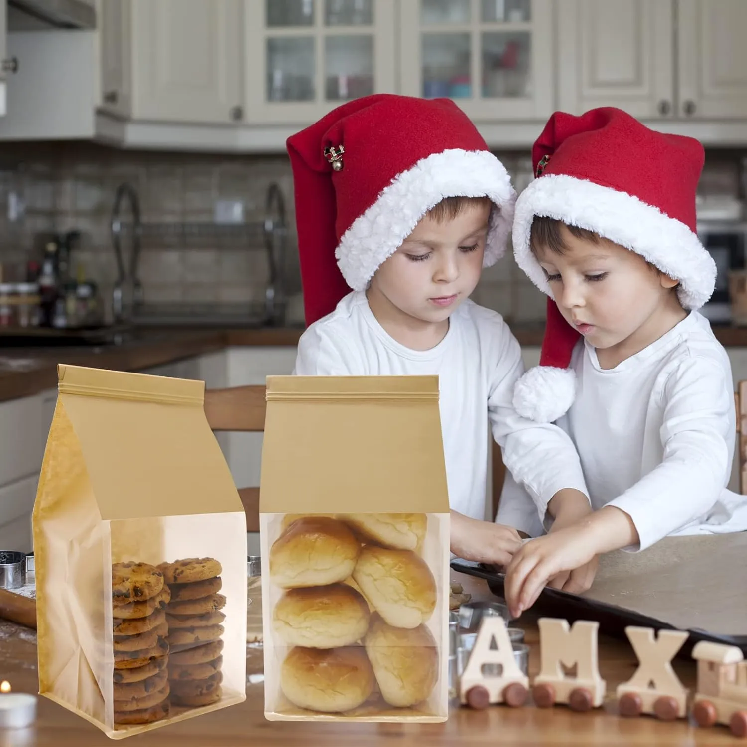 Bakery Bags with Window Large Cookie Bags for Packaging 100Pcs 5.1x4.3x11 Inche Brown Kraft Paper Homemade Bread Bag Keeps Items Fresh Professional and Durability,Easy to Use,Take Out.