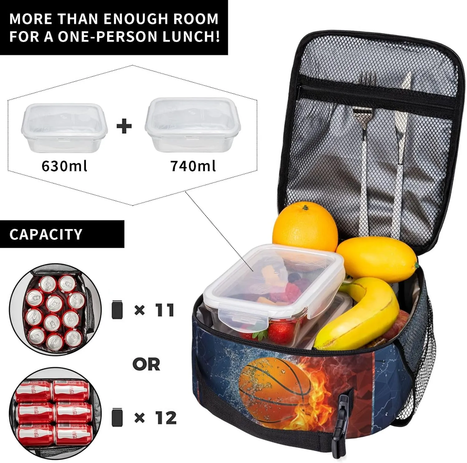 Basketball Lunch Box for Kids Teens Boys Girls, Sports Insulated Lunch Bag Leakproof Portable Meal Bags with Side Pocket, Durable Reusable Tote Bag for Beach/Picnic/School/Work