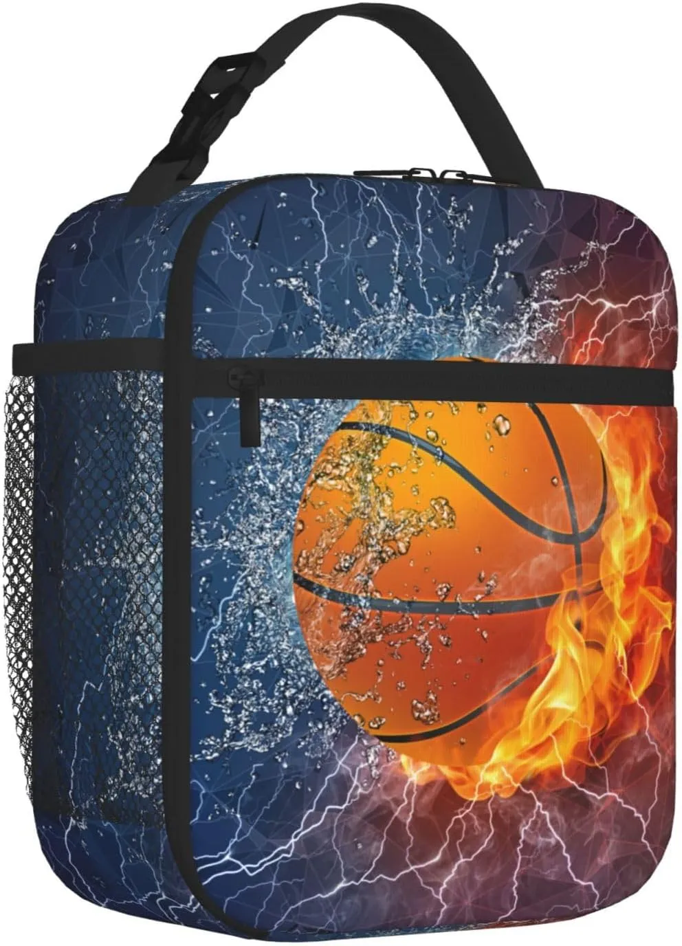 Basketball Lunch Box for Kids Teens Boys Girls, Sports Insulated Lunch Bag Leakproof Portable Meal Bags with Side Pocket, Durable Reusable Tote Bag for Beach/Picnic/School/Work