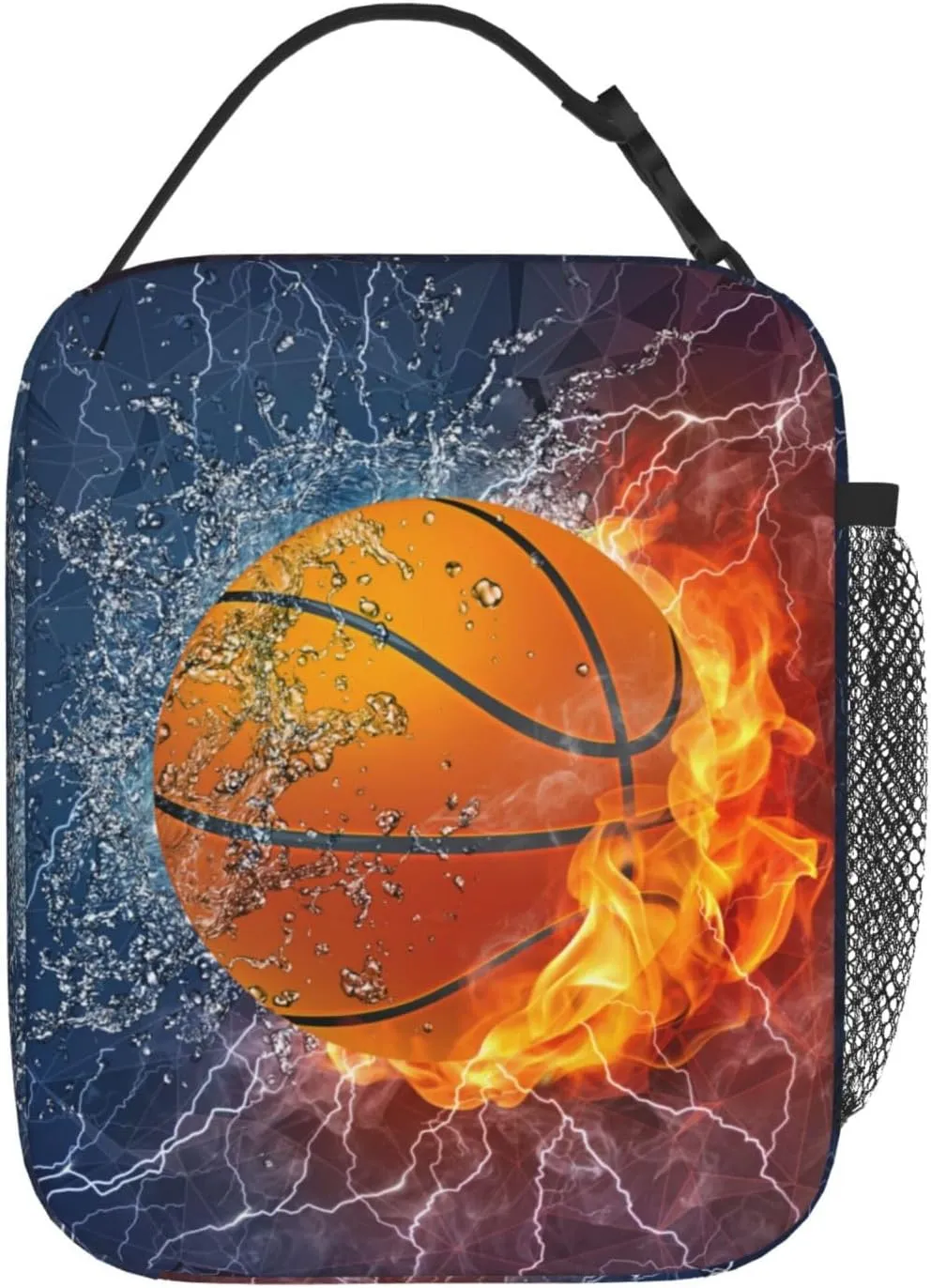 Basketball Lunch Box for Kids Teens Boys Girls, Sports Insulated Lunch Bag Leakproof Portable Meal Bags with Side Pocket, Durable Reusable Tote Bag for Beach/Picnic/School/Work