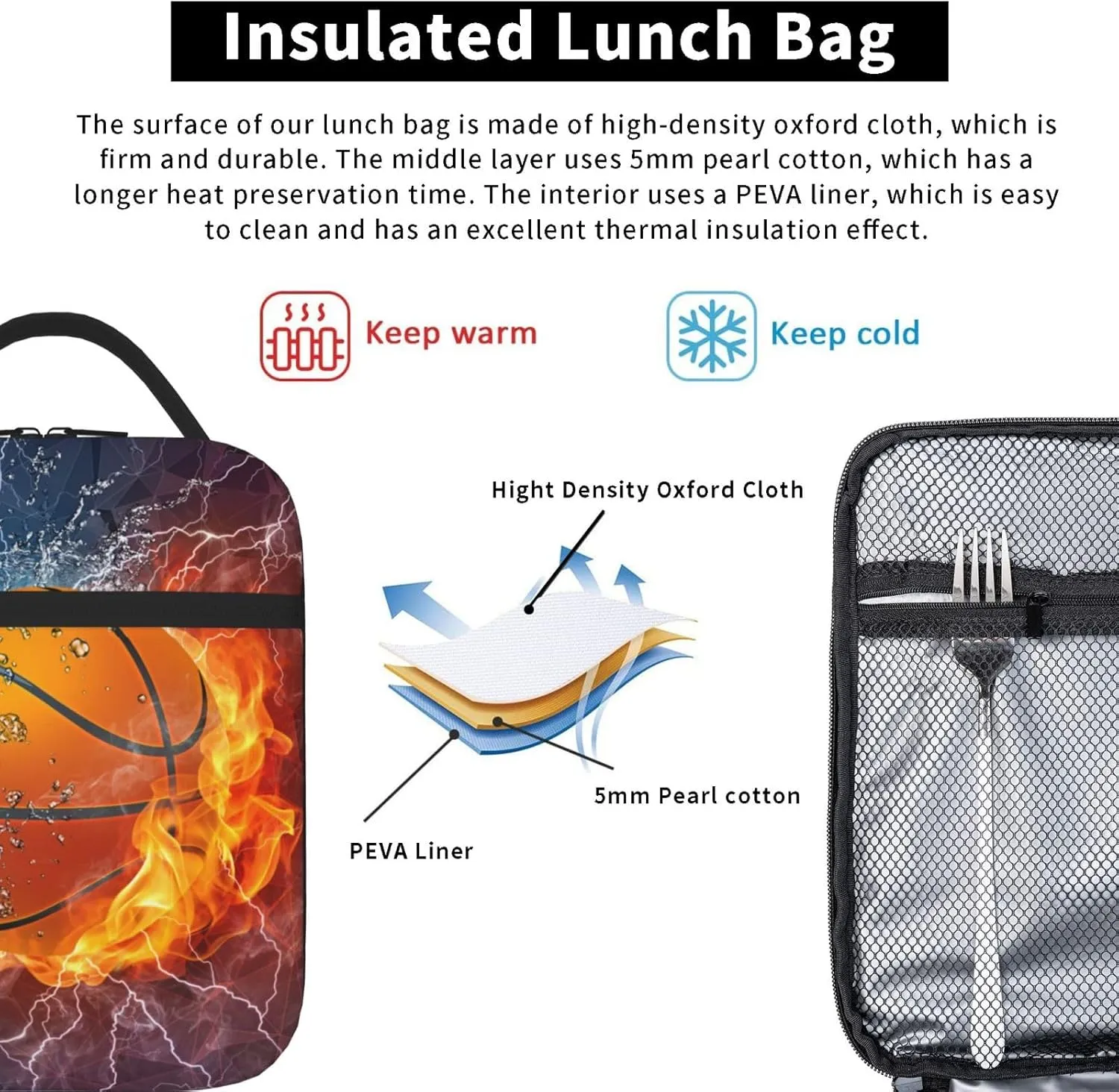 Basketball Lunch Box for Kids Teens Boys Girls, Sports Insulated Lunch Bag Leakproof Portable Meal Bags with Side Pocket, Durable Reusable Tote Bag for Beach/Picnic/School/Work